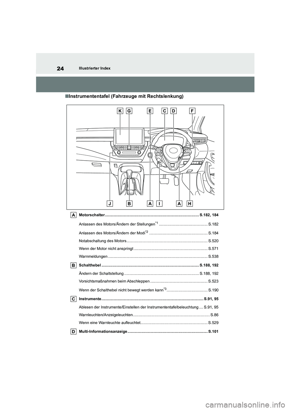 TOYOTA COROLLA HATCHBACK 2023  Betriebsanleitungen (in German) 24Illustrierter Index
■Instrumententafel (Fahrzeuge mit Rechtslenkung)
Motorschalter....................................................................................... S.182, 184 
Anlassen des M