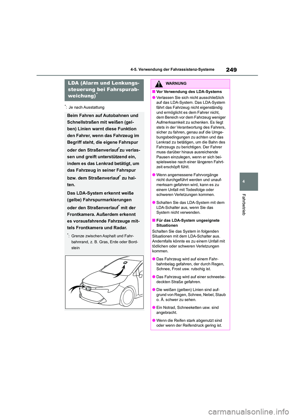 TOYOTA COROLLA HATCHBACK 2023 Betriebsanleitungen (in German) 249
4
4-5. Verwendung der Fahrassistenz-Systeme
Fahrbetrieb
*: Je nach Ausstattung
LDA (Alarm und Lenkungs-
steuerung bei Fahrspurab-
weichung)*
Beim Fahren auf Autobahnen und
Schnellstraßen mit TOYOTA COROLLA HATCHBACK 2023 Betriebsanleitungen (in German) 249
4
4-5. Verwendung der Fahrassistenz-Systeme
Fahrbetrieb
*: Je nach Ausstattung
LDA (Alarm und Lenkungs-
steuerung bei Fahrspurab-
weichung)*
Beim Fahren auf Autobahnen und
Schnellstraßen mit