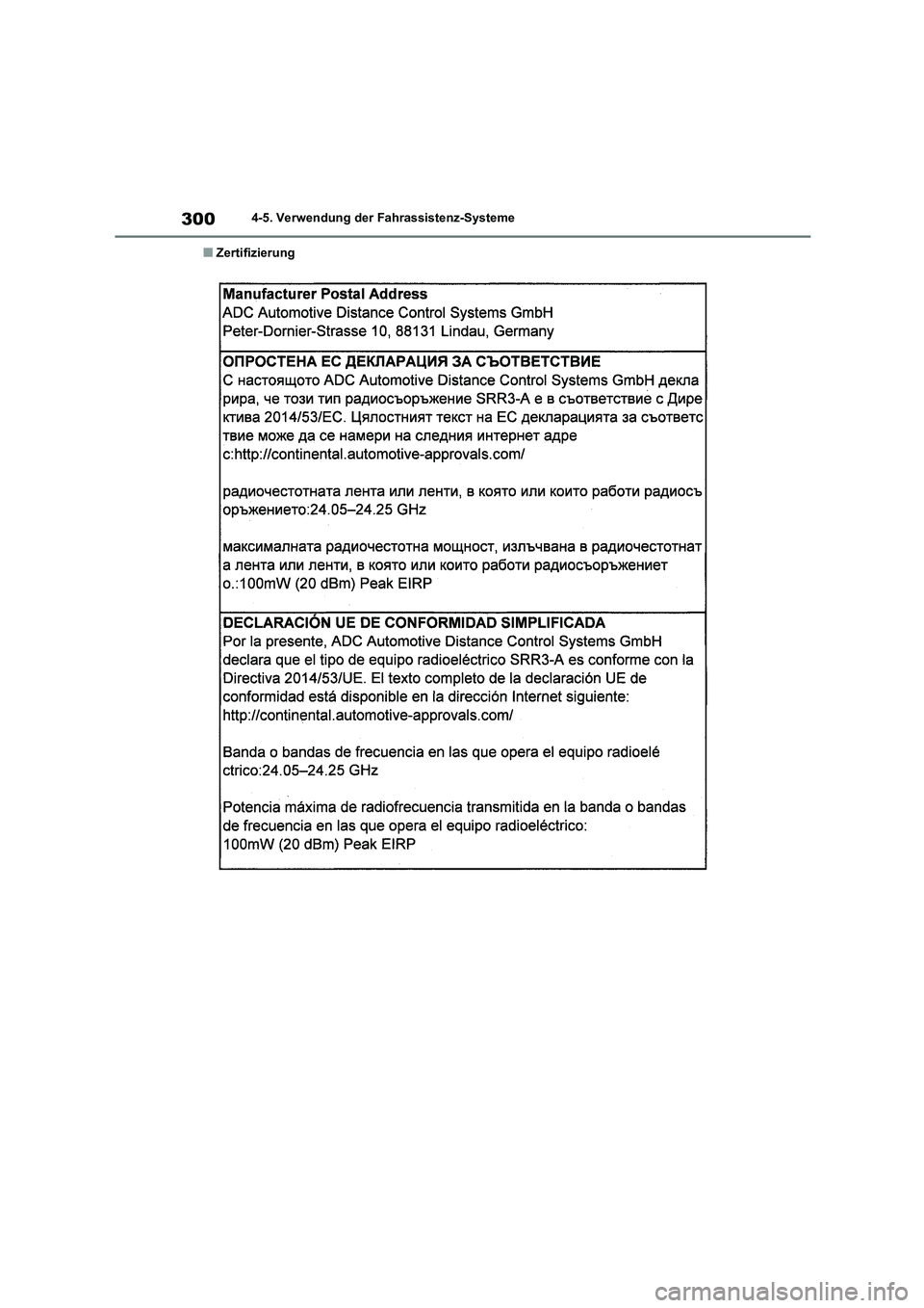 TOYOTA COROLLA HATCHBACK 2023  Betriebsanleitungen (in German) 3004-5. Verwendung der Fahrassistenz-Systeme
■Zertifizierung 