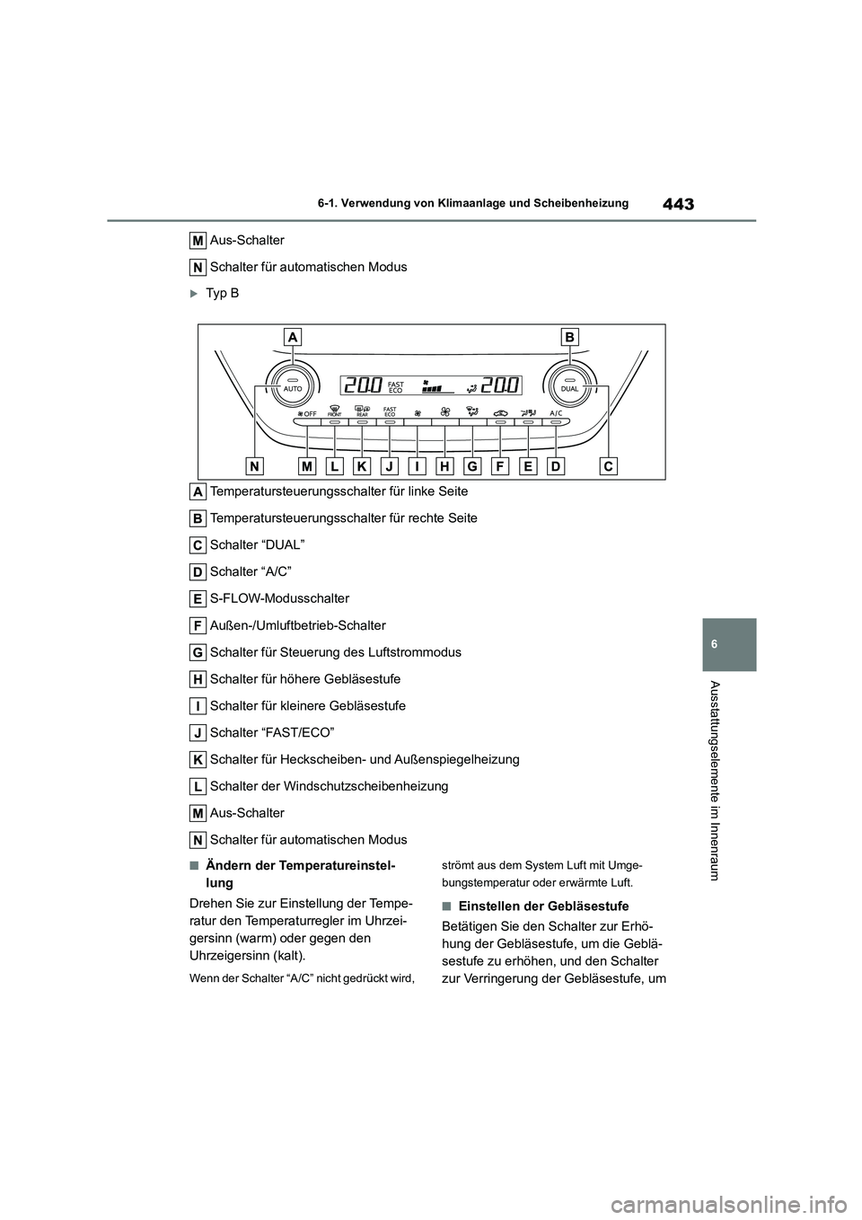 TOYOTA COROLLA HATCHBACK 2023  Betriebsanleitungen (in German) 443
6 
6-1. Verwendung von Klimaanlage und Scheibenheizung
Ausstattungselemente im Innenraum
Aus-Schalter 
Schalter für automatischen Modus
Ty p B 
Temperatursteuerungsschal ter für linke Seite 
