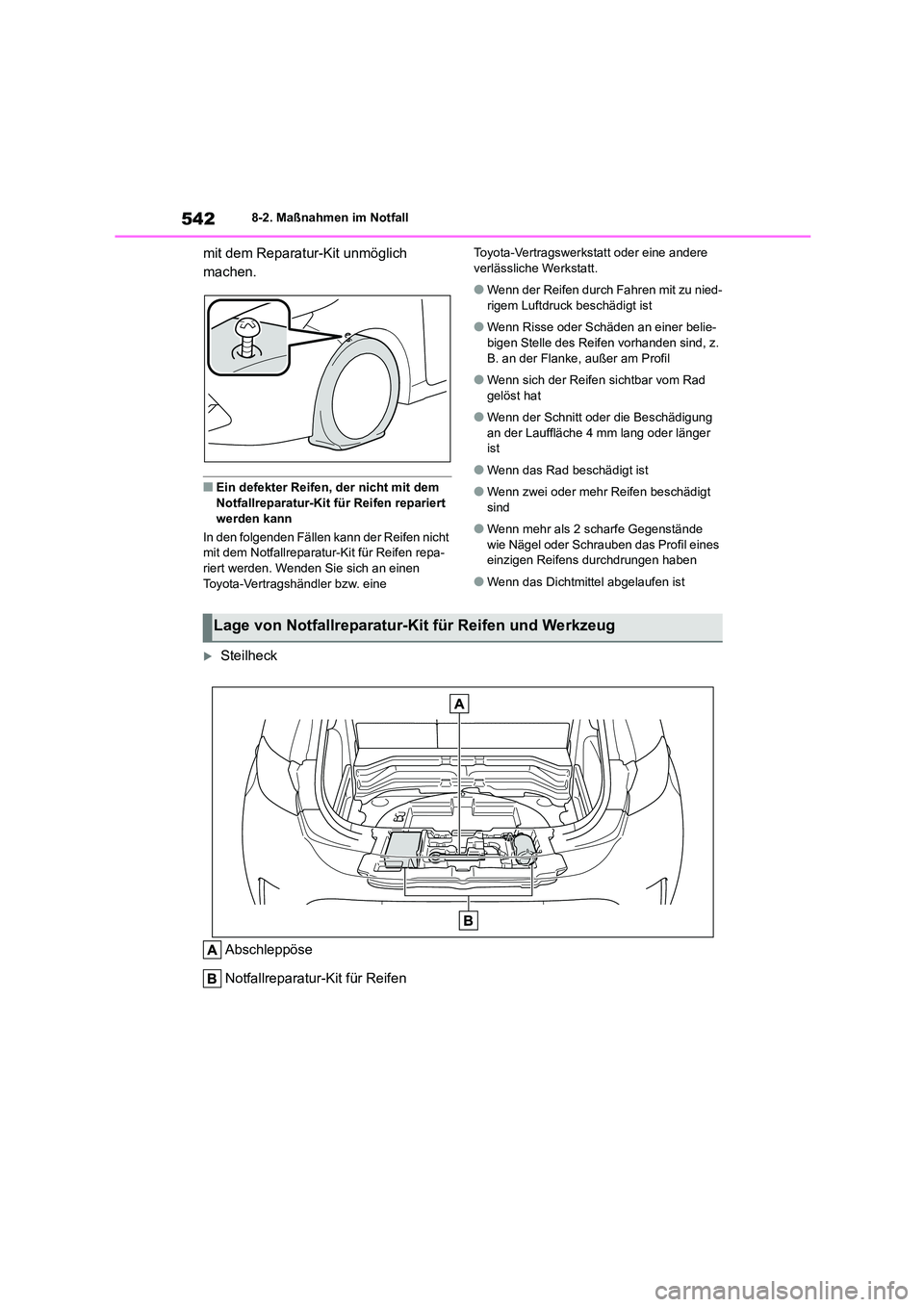 TOYOTA COROLLA HATCHBACK 2023  Betriebsanleitungen (in German) 5428-2. Maßnahmen im Notfall
mit dem Reparatur-Kit unmöglich  
machen.
■Ein defekter Reifen, der nicht mit dem  
Notfallreparatur-Kit für Reifen repariert 
werden kann 
In den folgenden Fällen k