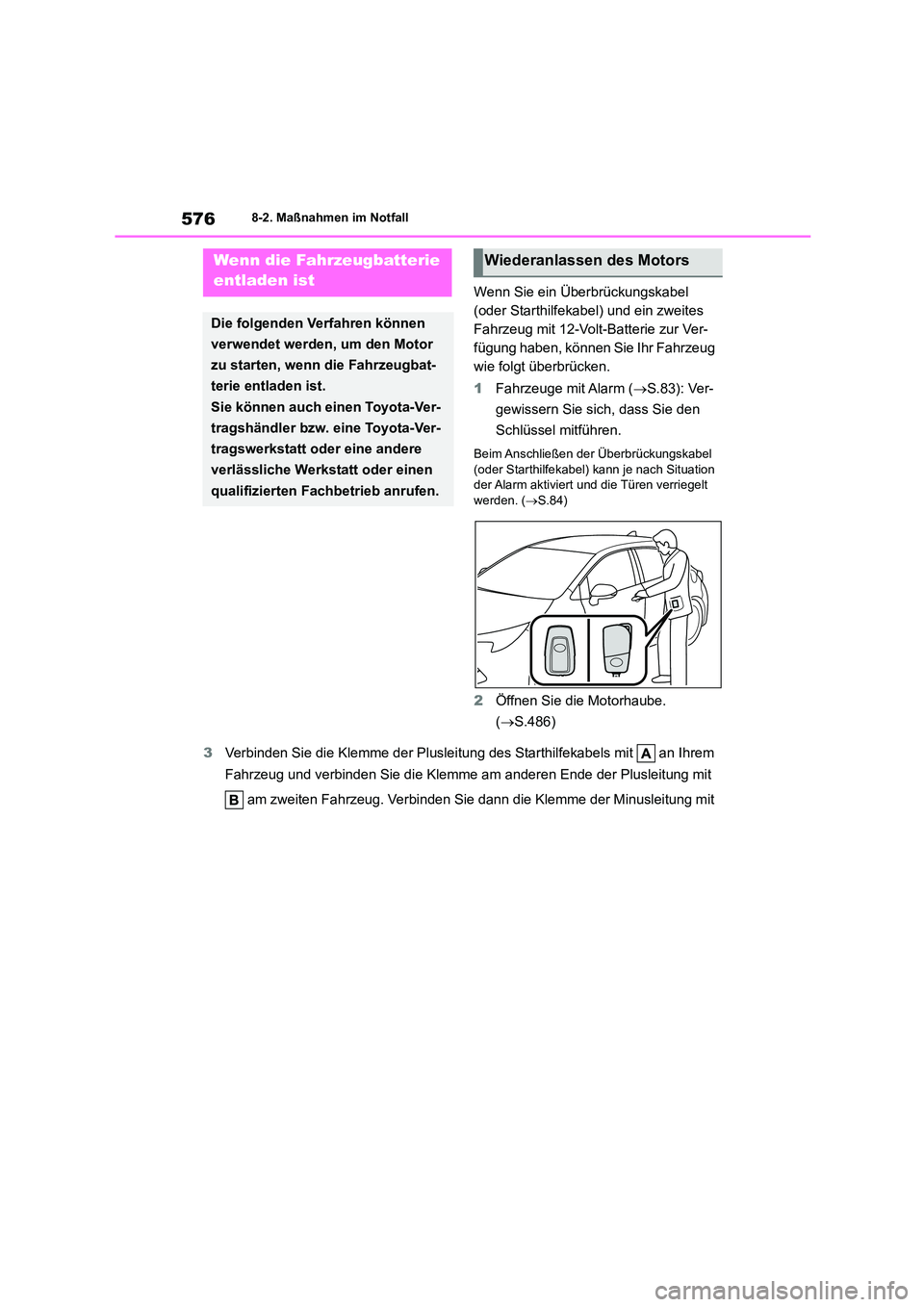TOYOTA COROLLA HATCHBACK 2023  Betriebsanleitungen (in German) 5768-2. Maßnahmen im Notfall
Wenn Sie ein Überbrückungskabel  
(oder Starthilfekabel) und ein zweites 
Fahrzeug mit 12-Volt-Batterie zur Ver-
fügung haben, können Sie Ihr Fahrzeug 
wie folgt übe