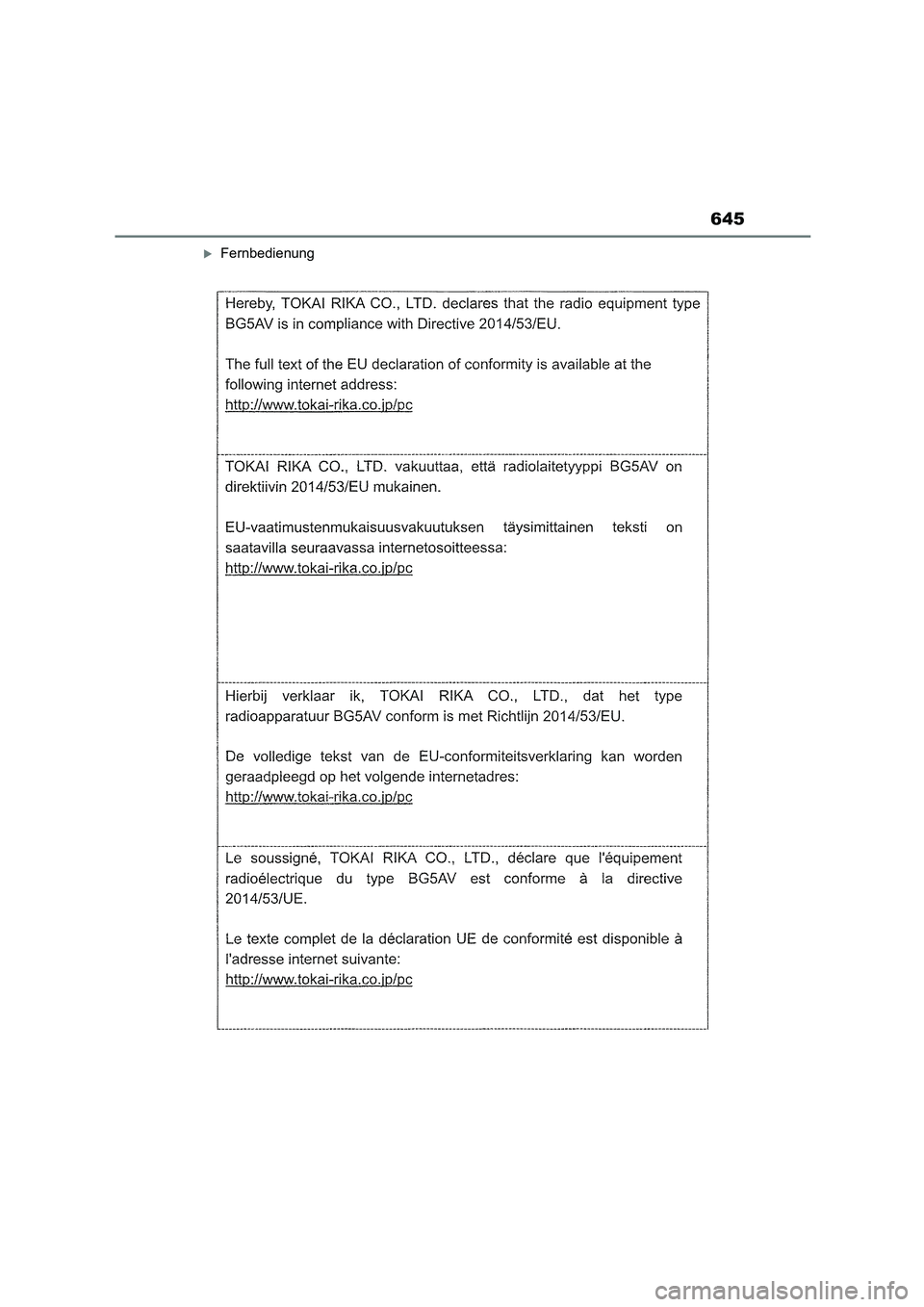 TOYOTA COROLLA HATCHBACK 2023  Betriebsanleitungen (in German) 645
Fernbedienung 