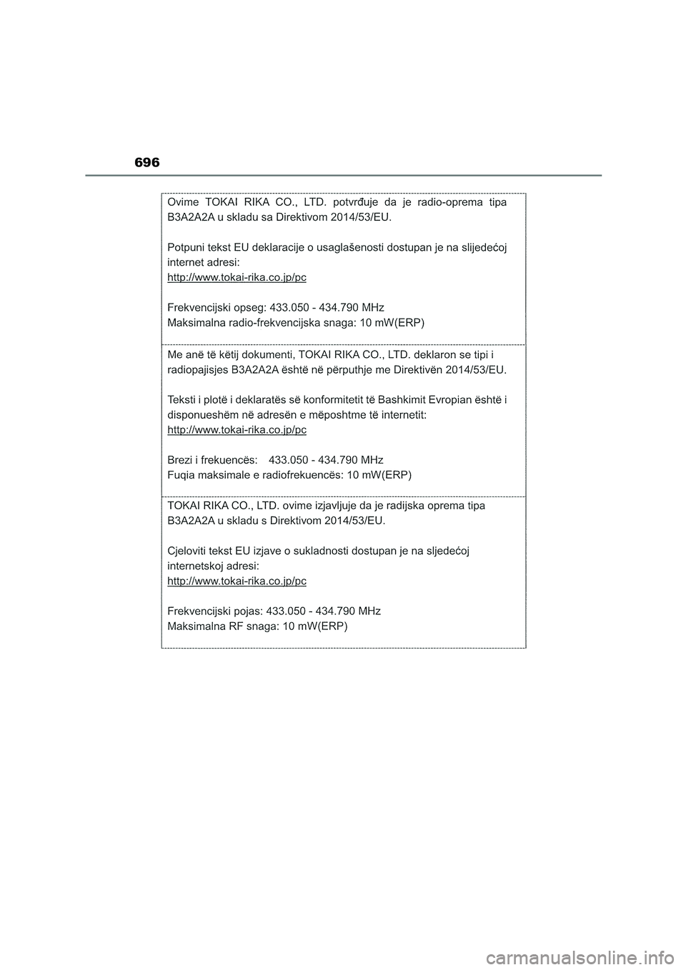TOYOTA COROLLA HATCHBACK 2023  Betriebsanleitungen (in German) 696 