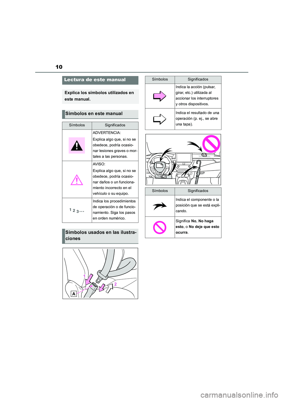 TOYOTA COROLLA HATCHBACK 2023  Manual del propietario (in Spanish) 10
Lectura de este manual
Explica los símbolos utilizados en  
este manual.
Símbolos en este manual
SímbolosSignificados
ADVERTENCIA: 
Explica algo que, si no se  
obedece, podría ocasio-
nar lesi
