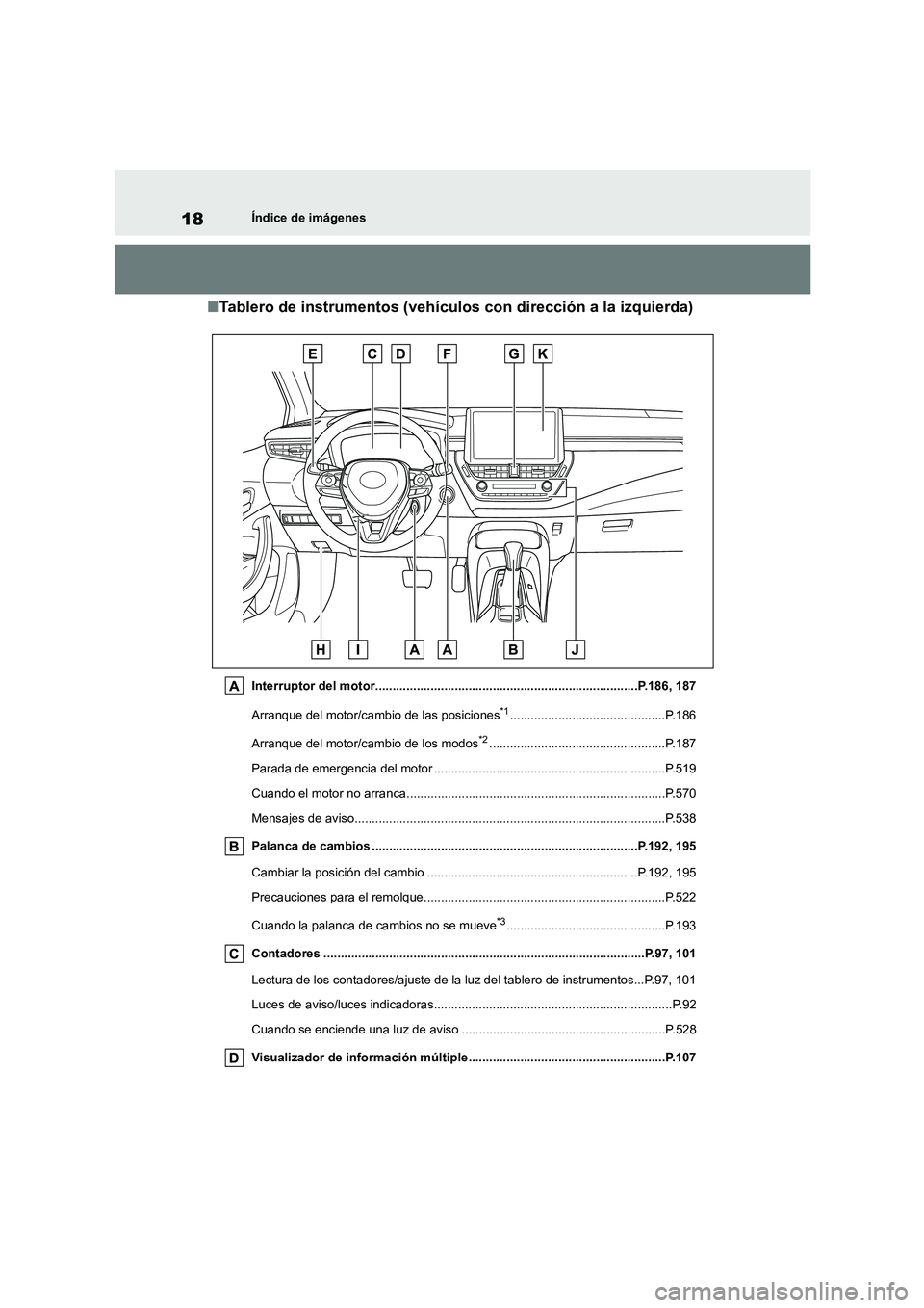 TOYOTA COROLLA HATCHBACK 2023  Manual del propietario (in Spanish) 18Índice de imágenes
■Tablero de instrumentos (vehículos con dirección a la izquierda)
Interruptor del motor............................................................................P.186, 187