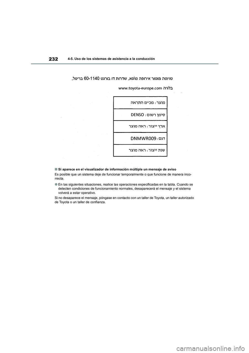 TOYOTA COROLLA HATCHBACK 2023  Manual del propietario (in Spanish) 2324-5. Uso de los sistemas de asistencia a la conducción
■Si aparece en el visualizador de información múltiple un mensaje de aviso 
Es posible que un sistema deje  de funcionar temporalmente o 