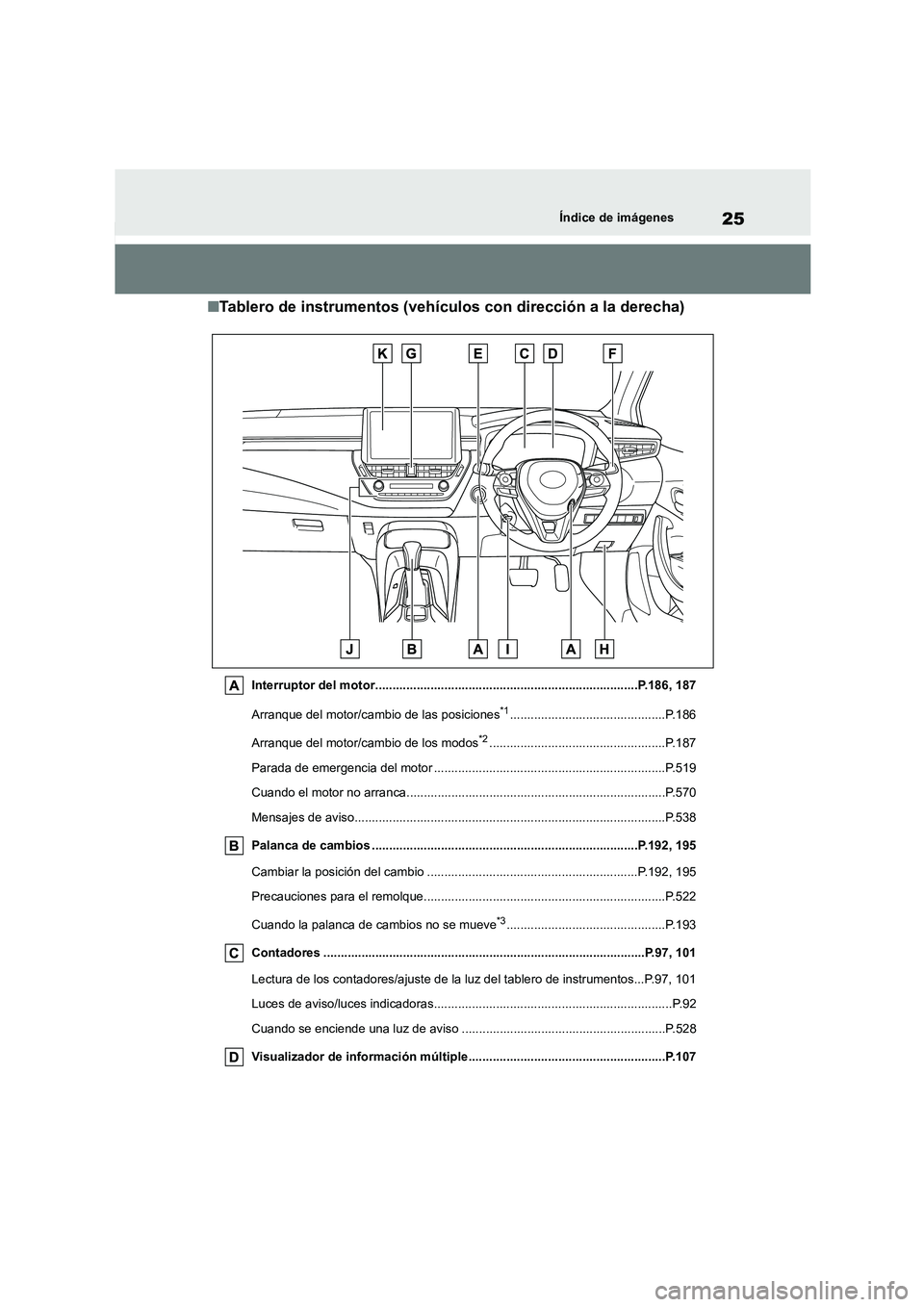 TOYOTA COROLLA HATCHBACK 2023  Manual del propietario (in Spanish) 25Índice de imágenes
■Tablero de instrumentos (vehículos con dirección a la derecha)
Interruptor del motor............................................................................P.186, 187 
