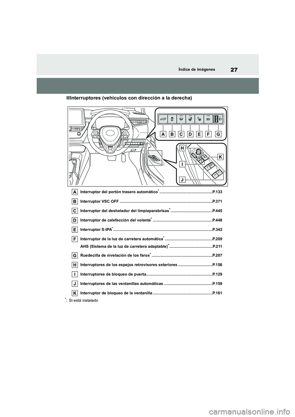 TOYOTA COROLLA HATCHBACK 2023  Manual del propietario (in Spanish) 27Índice de imágenes
■Interruptores (vehículos con dirección a la derecha)
Interruptor del portón trasero automático*................................................P.133 
Interruptor VSC OFF 