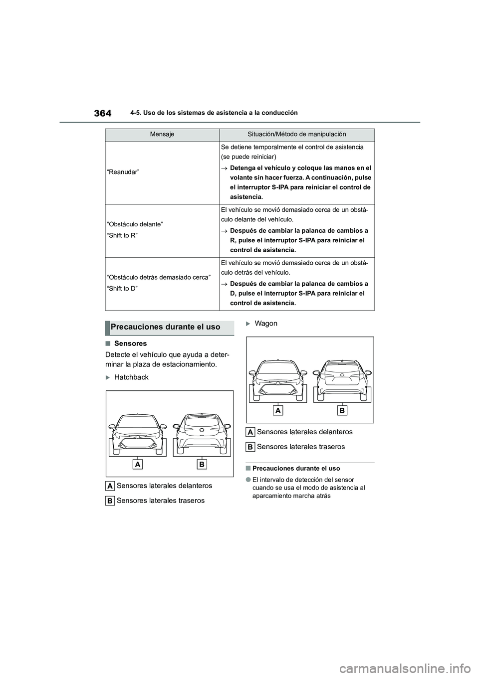 TOYOTA COROLLA HATCHBACK 2023  Manual del propietario (in Spanish) 3644-5. Uso de los sistemas de asistencia a la conducción
■Sensores 
Detecte el vehículo que ayuda a deter- 
minar la plaza de estacionamiento.
Hatchback 
Sensores laterales delanteros 
Sensore