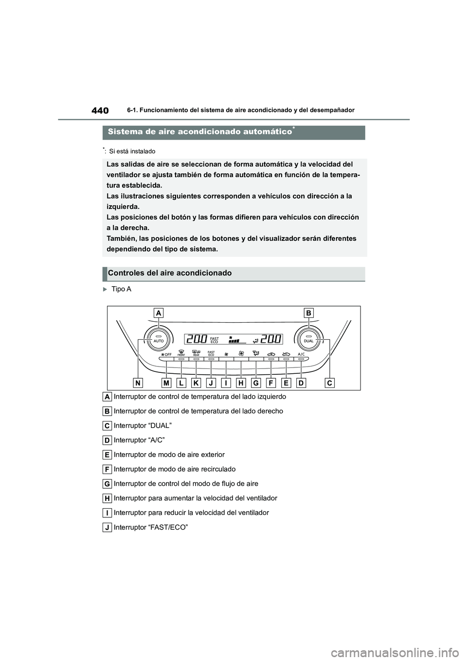 TOYOTA COROLLA HATCHBACK 2023  Manual del propietario (in Spanish) 4406-1. Funcionamiento del sistema de aire acondicionado y del desempañador
*: Si está instalado
Tipo A 
Interruptor de control de temperatura del lado izquierdo 
Interruptor de control de temper