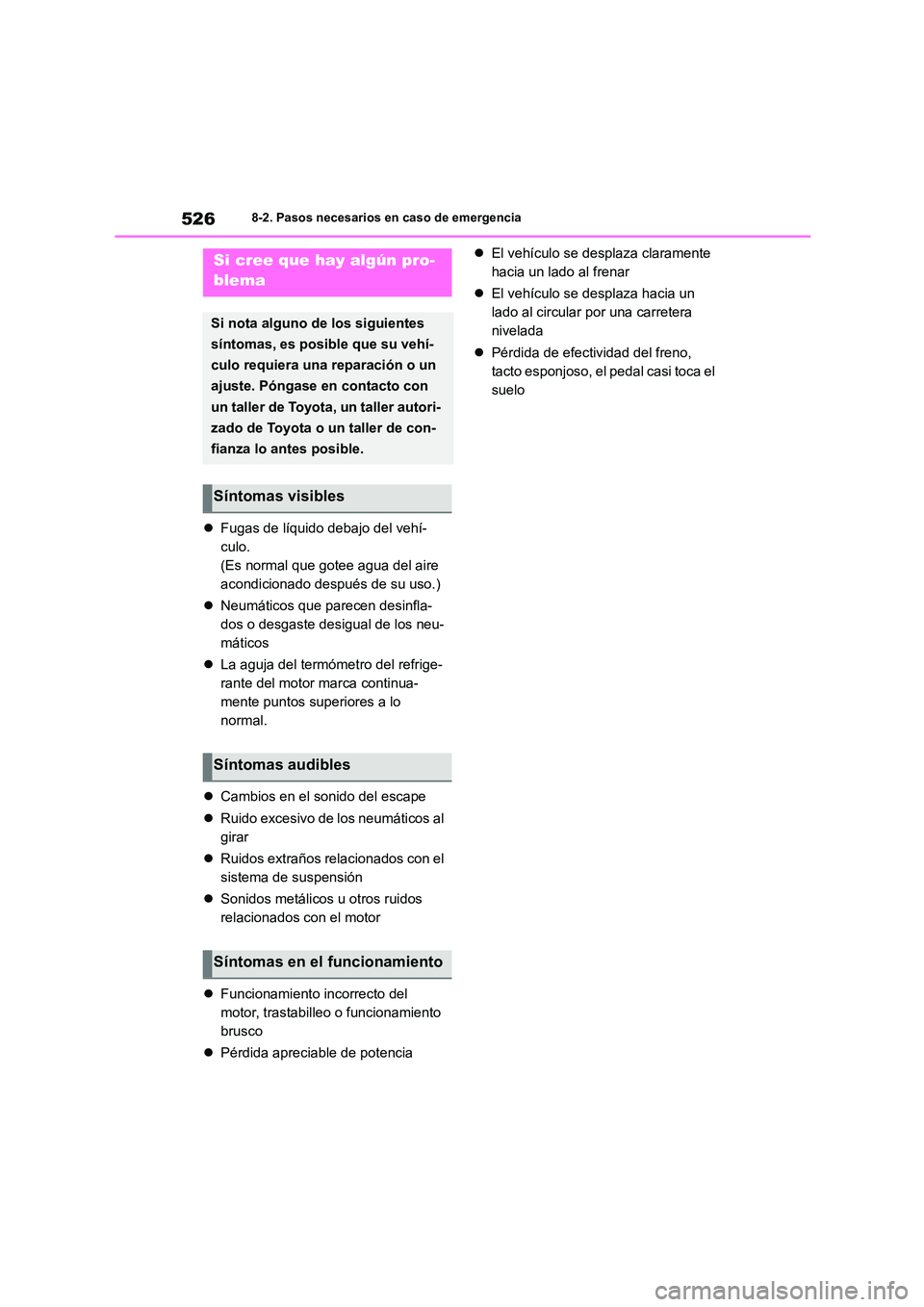 TOYOTA COROLLA HATCHBACK 2023  Manual del propietario (in Spanish) 5268-2. Pasos necesarios en caso de emergencia
Fugas de líquido debajo del vehí- 
culo.
(Es normal que gotee agua del aire 
acondicionado después de su uso.) 
 Neumáticos que parecen desinfl