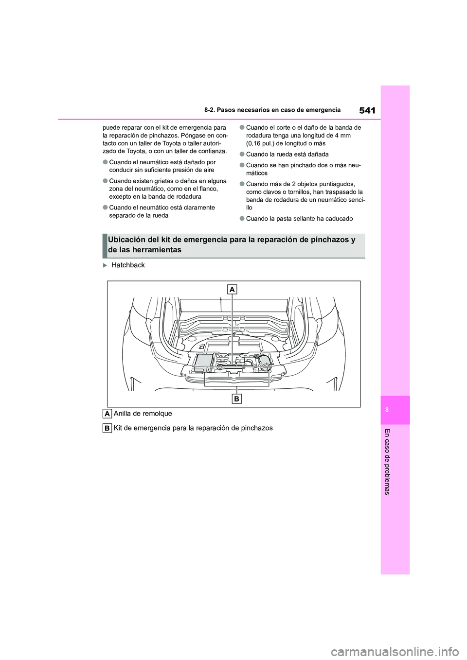 TOYOTA COROLLA HATCHBACK 2023  Manual del propietario (in Spanish) 541
8 
8-2. Pasos necesarios en caso de emergencia
En caso de problemas
puede reparar con el kit de emergencia para  la reparación de pinchazos. Póngase en con- 
tacto con un taller de Toyota o tall