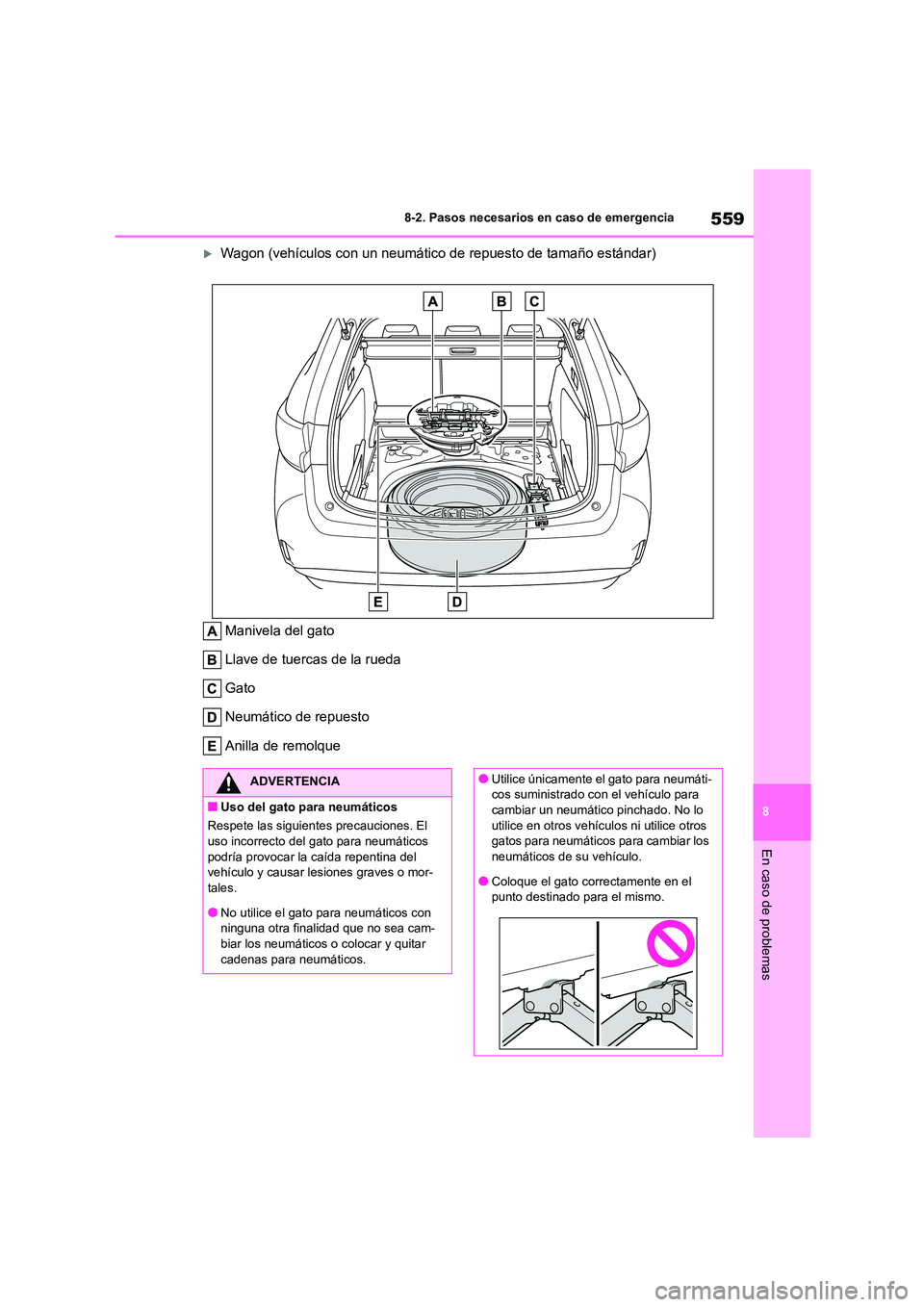 TOYOTA COROLLA HATCHBACK 2023  Manual del propietario (in Spanish) 559
8 
8-2. Pasos necesarios en caso de emergencia
En caso de problemas
Wagon (vehículos con un neumático de repuesto de tamaño estándar) 
Manivela del gato 
Llave de tuercas de la rueda 
Gato
