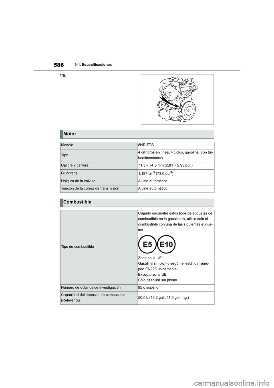 TOYOTA COROLLA HATCHBACK 2023  Manual del propietario (in Spanish) 5869-1. Especificaciones
tra.
Motor
Modelo8NR-FTS
Tipo4 cilindros en línea, 4 ciclos, gasolina (con tur- 
boalimentador)
Calibre y carrera71,5   74,5 mm (2,81  2,93 pul.)
Cilindrada1.197 cm3 (7