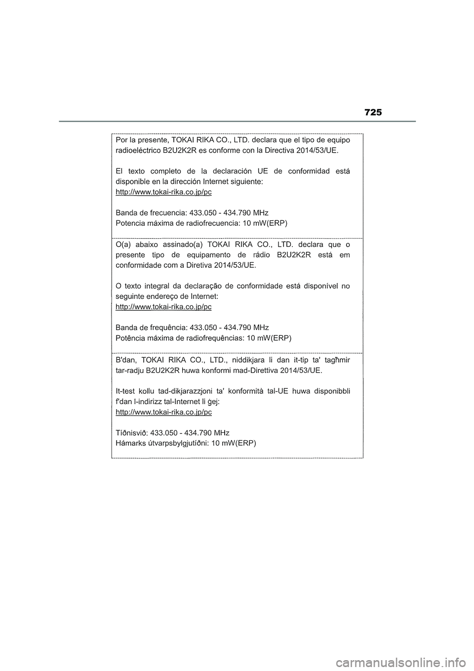 TOYOTA COROLLA HATCHBACK 2023  Manual del propietario (in Spanish) 725 