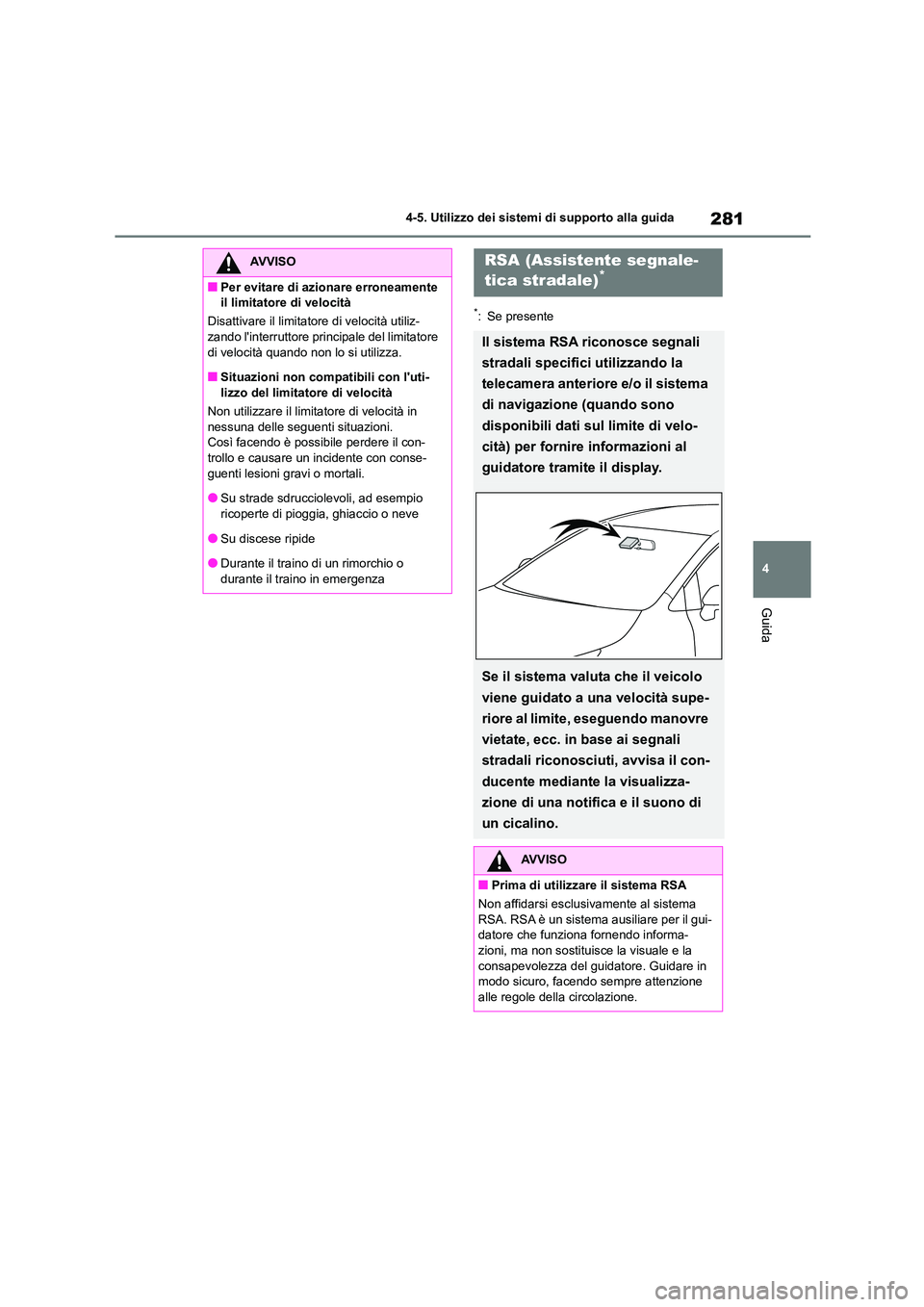 TOYOTA COROLLA HATCHBACK 2023  Manuale duso (in Italian) 281
4 
4-5. Utilizzo dei sistemi di supporto alla guida
Guida
*: Se presente
AVVISO
■Per evitare di azionare erroneamente  
il limitatore di velocità 
Disattivare il limitatore di velocità utiliz-