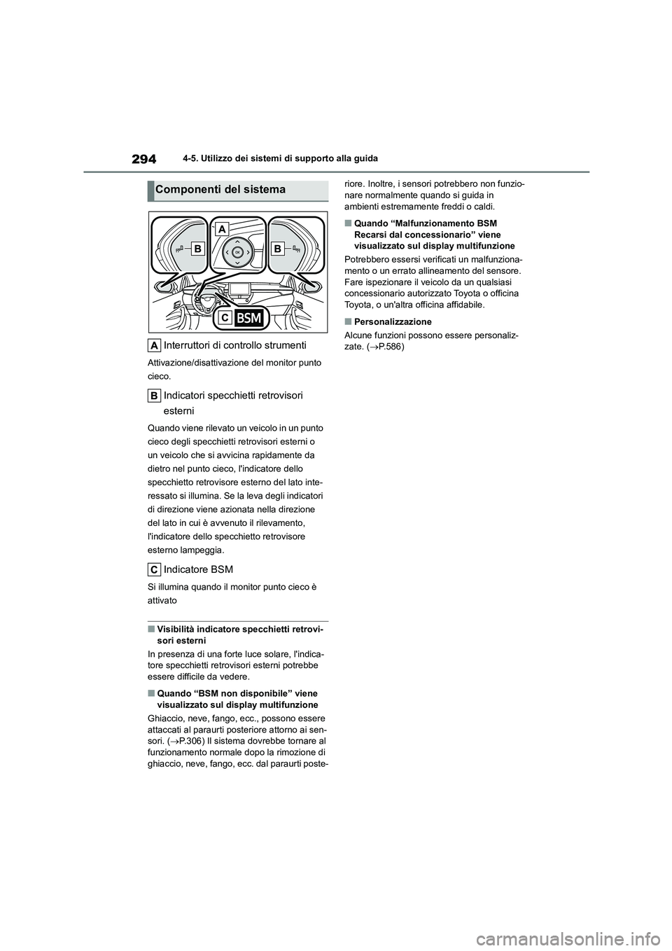 TOYOTA COROLLA HATCHBACK 2023  Manuale duso (in Italian) 2944-5. Utilizzo dei sistemi di supporto alla guida
Interruttori di controllo strumenti
Attivazione/disattivazione del monitor punto  
cieco.
Indicatori specchietti retrovisori  
esterni
Quando viene 
