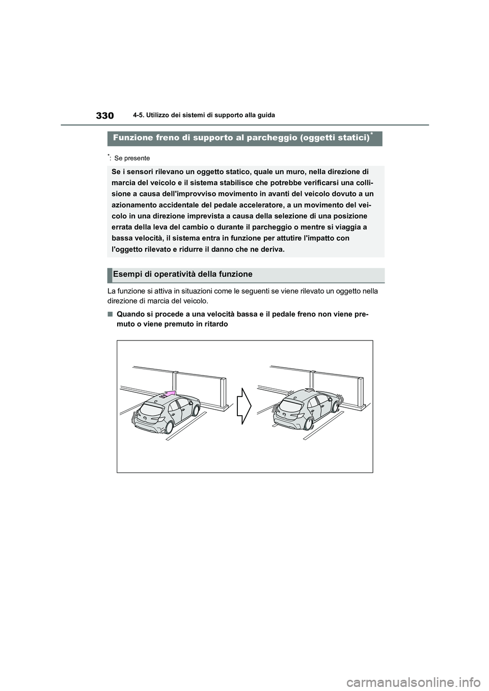TOYOTA COROLLA HATCHBACK 2023  Manuale duso (in Italian) 3304-5. Utilizzo dei sistemi di supporto alla guida
*: Se presente
La funzione si attiva in situazioni come le seguenti se viene rilevato un oggetto nella  
direzione di marcia del veicolo.
■Quando 
