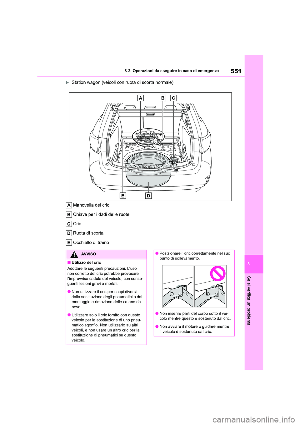 TOYOTA COROLLA HATCHBACK 2023  Manuale duso (in Italian) 551
8 
8-2. Operazioni da eseguire in caso di emergenza
Se si verifica un problema
Station wagon (veicoli con ruota di scorta normale) 
Manovella del cric 
Chiave per i dadi delle ruote 
Cric
Ruota