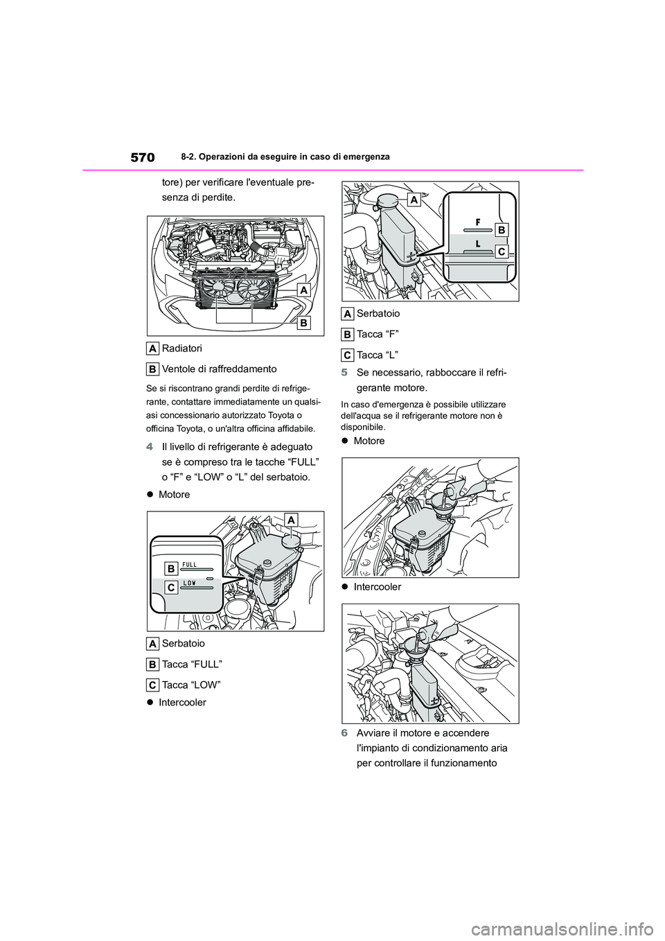TOYOTA COROLLA HATCHBACK 2023  Manuale duso (in Italian) 5708-2. Operazioni da eseguire in caso di emergenza
tore) per verificare leventuale pre- 
senza di perdite. 
Radiatori 
Ventole di raffreddamento
Se si riscontrano grandi perdite di refrige- 
rante, 