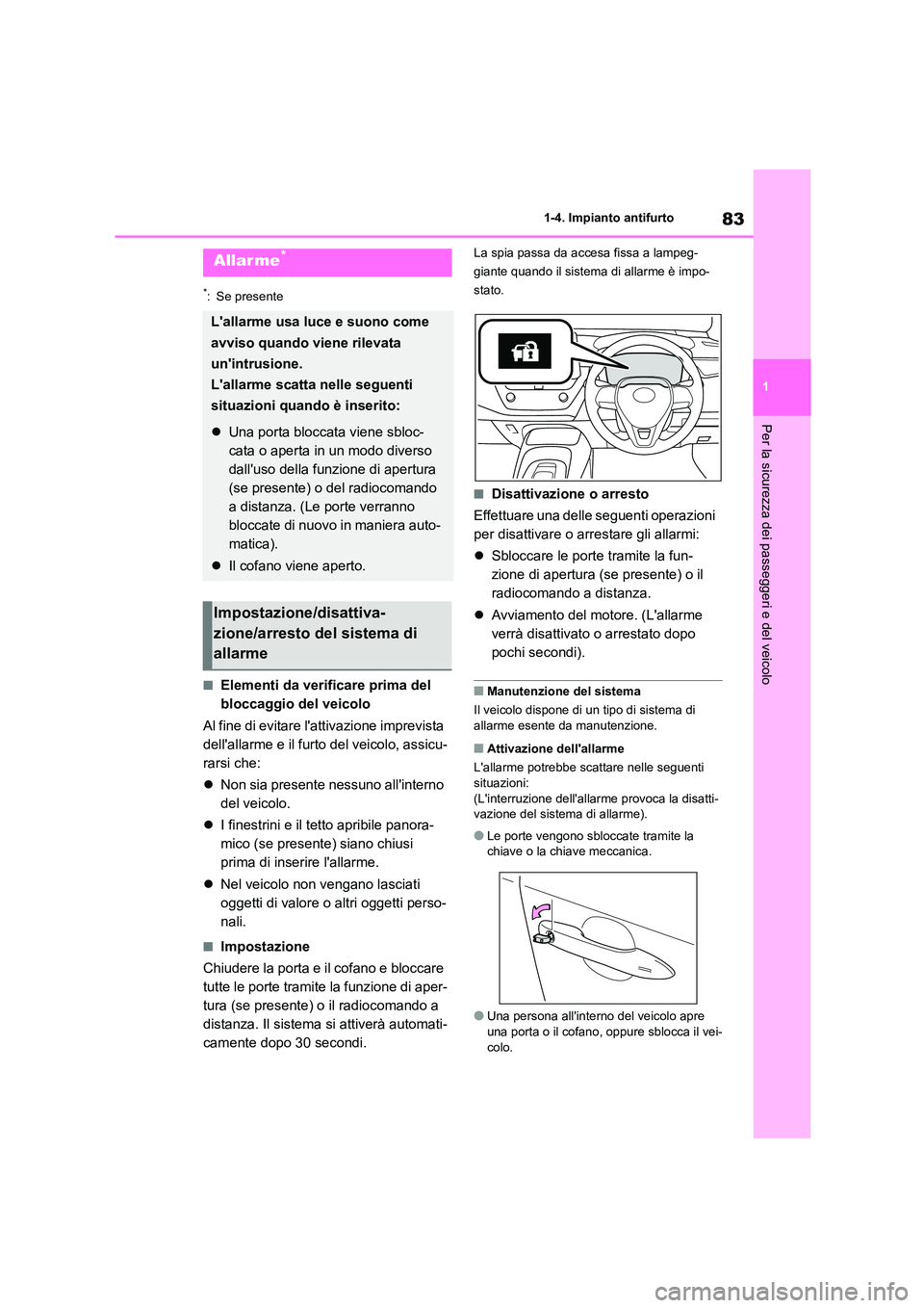 TOYOTA COROLLA HATCHBACK 2023 Manuale duso (in Italian) 83
1
1-4. Impianto antifurto
Per la sicurezza dei passeggeri e del veicolo
*: Se presente
■Elementi da verificare prima del
bloccaggio del veicolo
Al fine di evitare lattivazione imprevista
d TOYOTA COROLLA HATCHBACK 2023 Manuale duso (in Italian) 83
1
1-4. Impianto antifurto
Per la sicurezza dei passeggeri e del veicolo
*: Se presente
■Elementi da verificare prima del
bloccaggio del veicolo
Al fine di evitare lattivazione imprevista
d