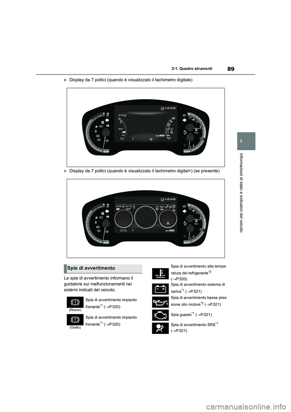 TOYOTA COROLLA HATCHBACK 2023  Manuale duso (in Italian) 89
2 
2-1. Quadro strumenti
Informazioni di stato e indicatori del veicolo
Display da 7 pollici (quando è visualizzato il tachimetro digitale)
Display da 7 pollici (quando è visualizzato il ta