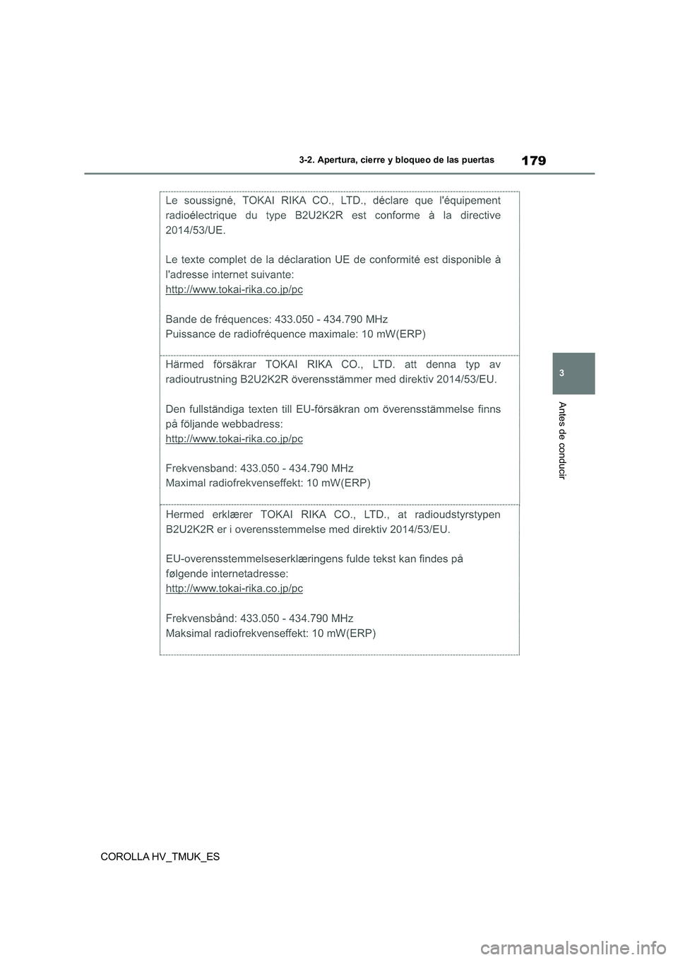 TOYOTA COROLLA HATCHBACK 2020  Manual del propietario (in Spanish) 179
3 
3-2. Apertura, cierre y bloqueo de las puertas
Antes de conducir
COROLLA HV_TMUK_ES 
