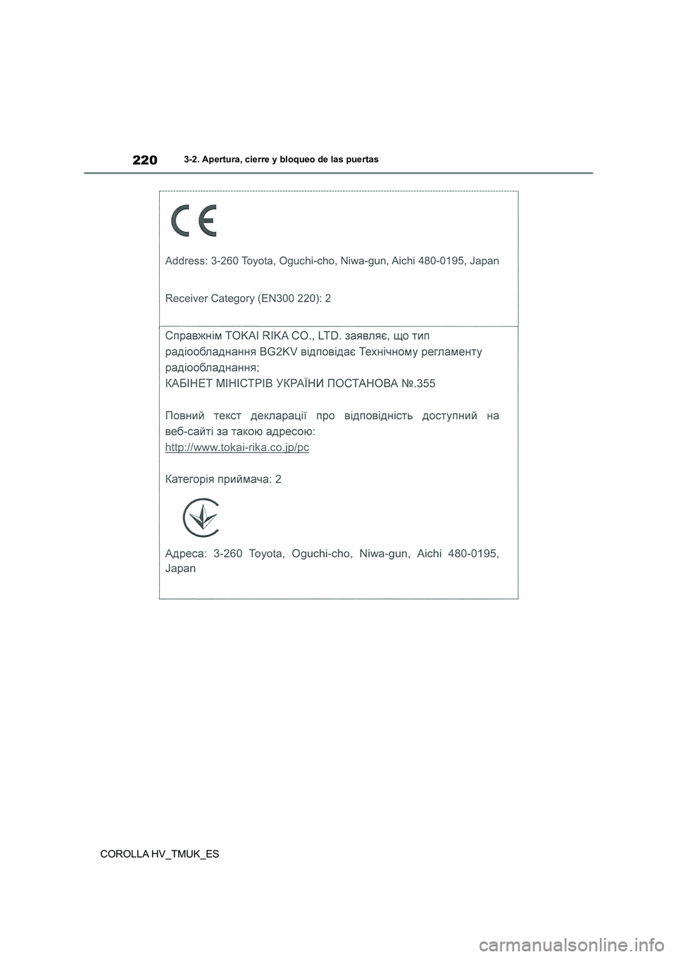 TOYOTA COROLLA HATCHBACK 2020  Manual del propietario (in Spanish) 2203-2. Apertura, cierre y bloqueo de las puertas
COROLLA HV_TMUK_ES 