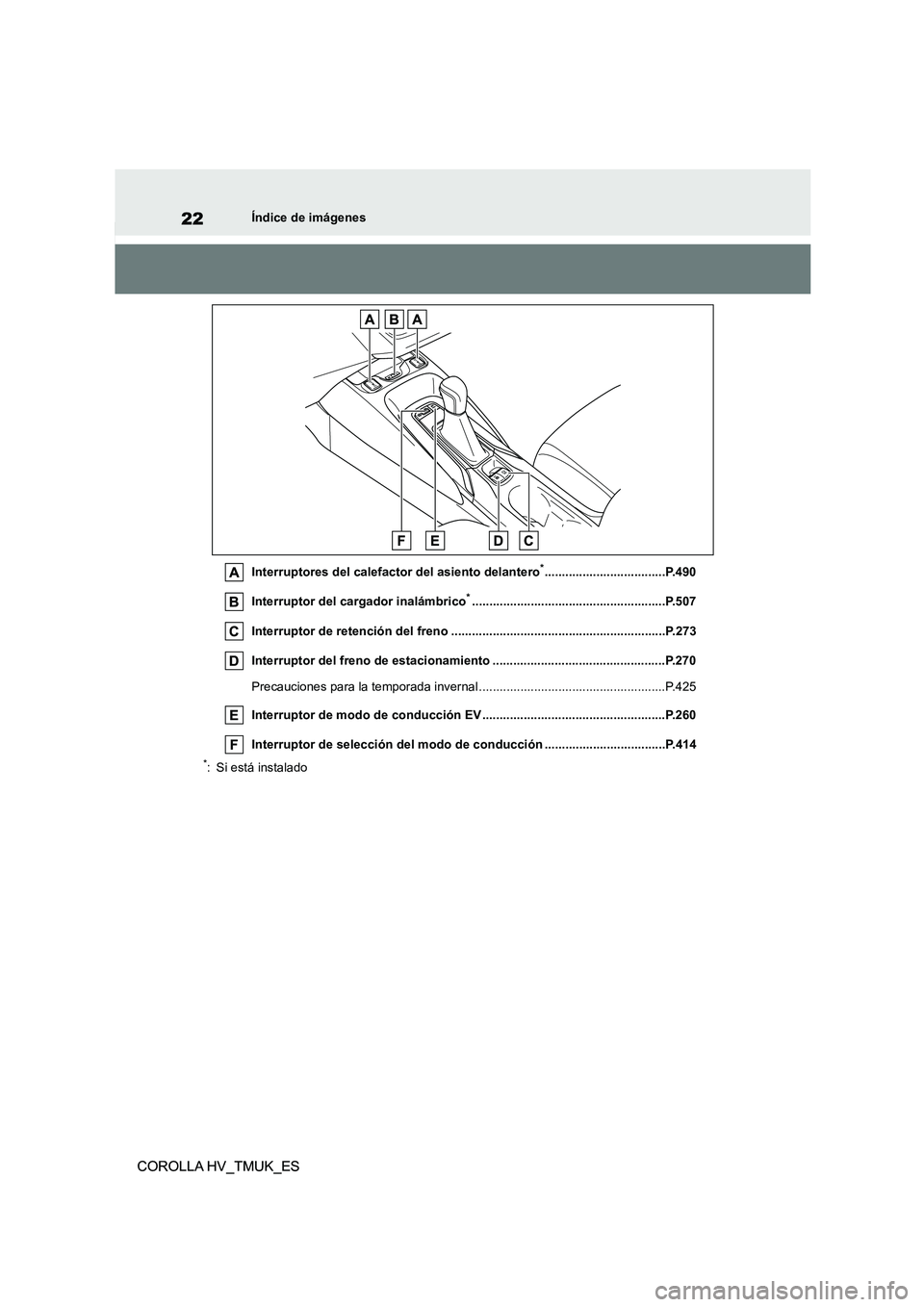 TOYOTA COROLLA HATCHBACK 2020  Manual del propietario (in Spanish) 22
COROLLA HV_TMUK_ES
Índice de imágenes
COROLLA HV_TMUK_ES
Interruptores del calefactor del asiento delantero*...................................P.490 
Interruptor del cargador inalámbrico*.......