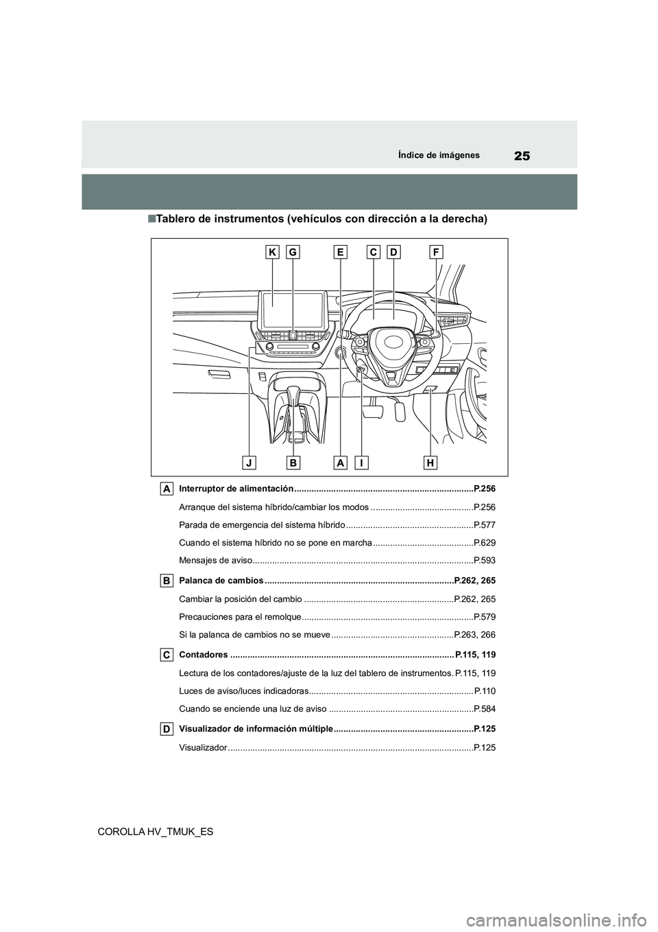 TOYOTA COROLLA HATCHBACK 2020  Manual del propietario (in Spanish) 25Índice de imágenes
COROLLA HV_TMUK_ES
■Tablero de instrumentos (vehículos con dirección a la derecha)
Interruptor de alimentación .............................................................