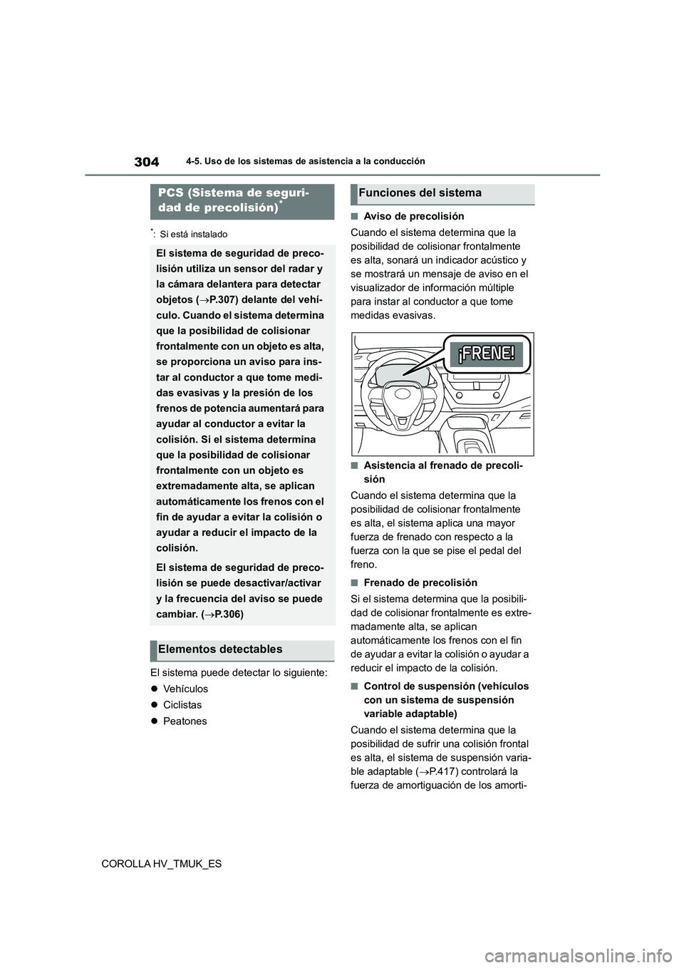 TOYOTA COROLLA HATCHBACK 2020 Manual del propietario (in Spanish) 3044-5. Uso de los sistemas de asistencia a la conducción
COROLLA HV_TMUK_ES
*: Si está instalado
El sistema puede detectar lo siguiente:
Ve h íc u l o s
Ciclistas
Peatones
■Aviso TOYOTA COROLLA HATCHBACK 2020 Manual del propietario (in Spanish) 3044-5. Uso de los sistemas de asistencia a la conducción
COROLLA HV_TMUK_ES
*: Si está instalado
El sistema puede detectar lo siguiente:
Ve h íc u l o s
Ciclistas
Peatones
■Aviso