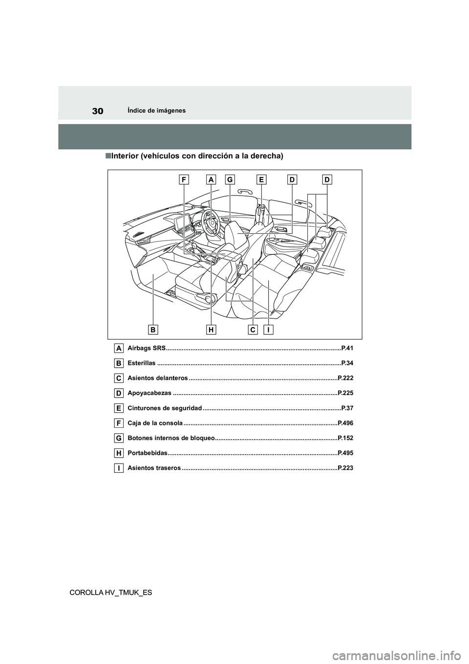 TOYOTA COROLLA HATCHBACK 2020  Manual del propietario (in Spanish) 30
COROLLA HV_TMUK_ES
Índice de imágenes
COROLLA HV_TMUK_ES
■Interior (vehículos con dirección a la derecha)
Airbags SRS..........................................................................