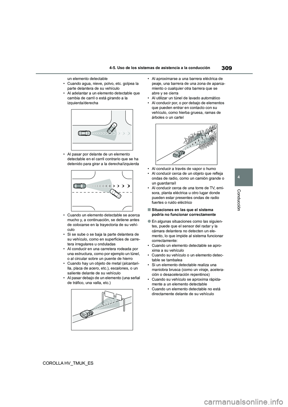 TOYOTA COROLLA HATCHBACK 2020 Manual del propietario (in Spanish) 309
4
4-5. Uso de los sistemas de asistencia a la conducción
Conducción
COROLLA HV_TMUK_ES
un elemento detectable • Cuando agua, nieve, polvo, etc. golpea la
parte delantera de su vehículo
• TOYOTA COROLLA HATCHBACK 2020 Manual del propietario (in Spanish) 309
4
4-5. Uso de los sistemas de asistencia a la conducción
Conducción
COROLLA HV_TMUK_ES
un elemento detectable • Cuando agua, nieve, polvo, etc. golpea la
parte delantera de su vehículo
•