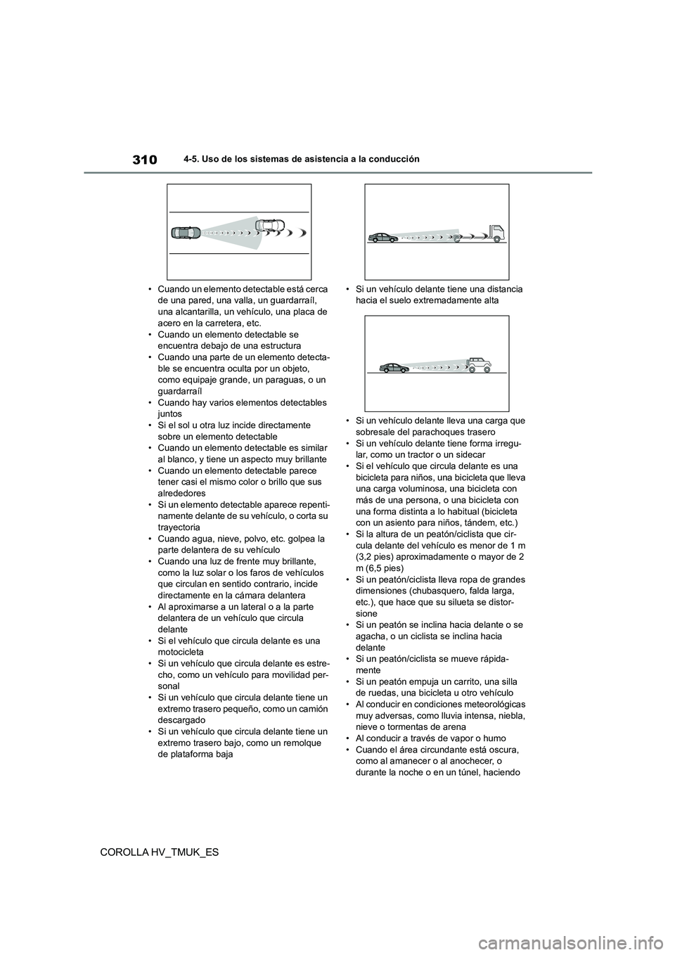 TOYOTA COROLLA HATCHBACK 2020 Manual del propietario (in Spanish) 3104-5. Uso de los sistemas de asistencia a la conducción
COROLLA HV_TMUK_ES
• Cuando un elemento detectable está cerca de una pared, una valla, un guardarraíl,
una alcantarilla, un vehículo, TOYOTA COROLLA HATCHBACK 2020 Manual del propietario (in Spanish) 3104-5. Uso de los sistemas de asistencia a la conducción
COROLLA HV_TMUK_ES
• Cuando un elemento detectable está cerca de una pared, una valla, un guardarraíl,
una alcantarilla, un vehículo,