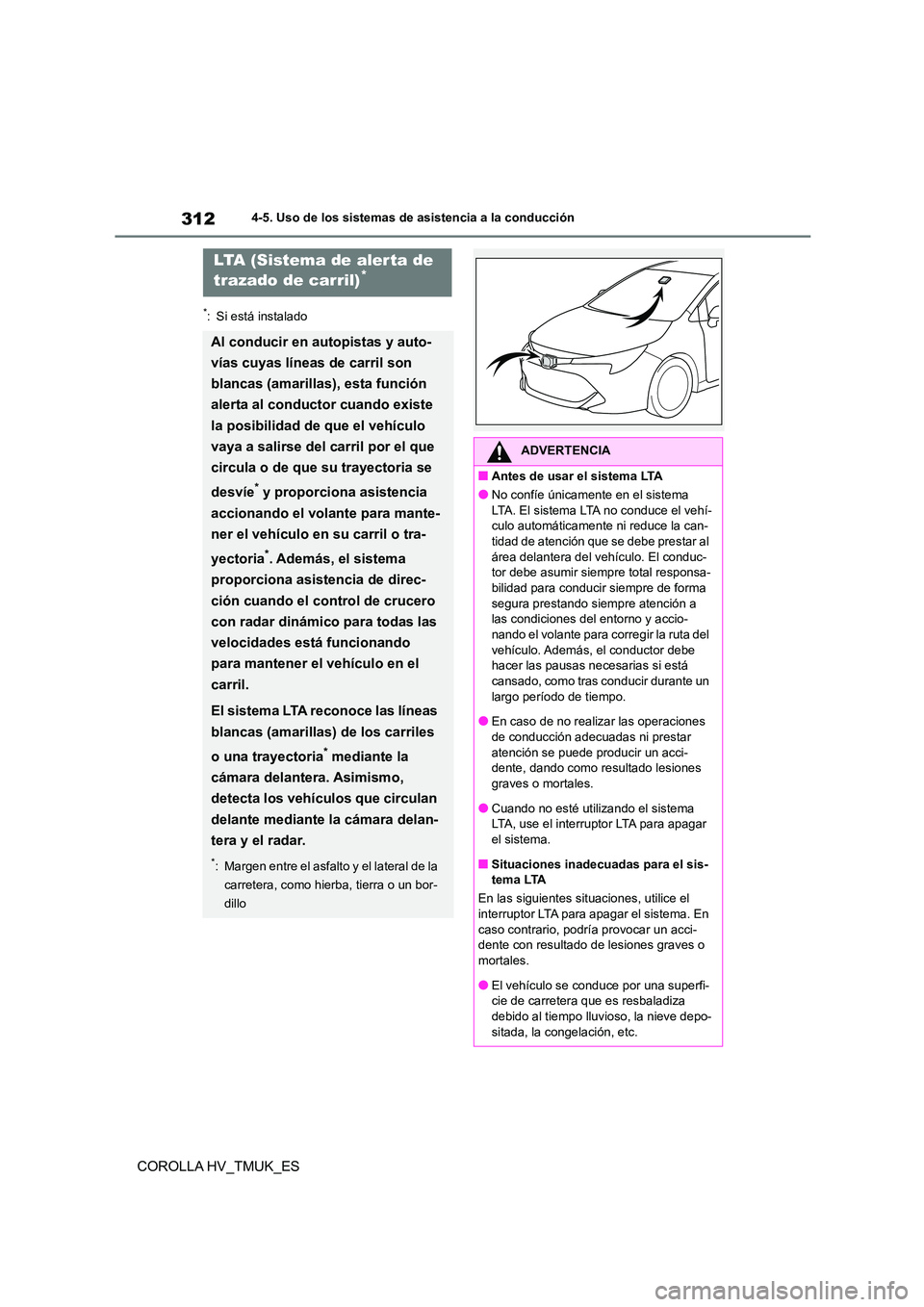 TOYOTA COROLLA HATCHBACK 2020 Manual del propietario (in Spanish) 3124-5. Uso de los sistemas de asistencia a la conducción
COROLLA HV_TMUK_ES
*: Si está instalado
LTA (Sistema de alerta de
trazado de carril)*
Al conducir en autopistas y auto-
vías cuyas líne TOYOTA COROLLA HATCHBACK 2020 Manual del propietario (in Spanish) 3124-5. Uso de los sistemas de asistencia a la conducción
COROLLA HV_TMUK_ES
*: Si está instalado
LTA (Sistema de alerta de
trazado de carril)*
Al conducir en autopistas y auto-
vías cuyas líne