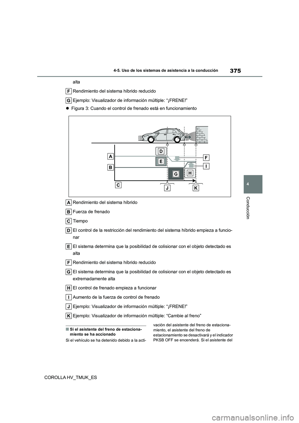 TOYOTA COROLLA HATCHBACK 2020 Manual del propietario (in Spanish) 375
4
4-5. Uso de los sistemas de asistencia a la conducción
Conducción
COROLLA HV_TMUK_ES
alta
Rendimiento del sistema híbrido reducido
Ejemplo: Visualizador de información múltiple: “¡FR TOYOTA COROLLA HATCHBACK 2020 Manual del propietario (in Spanish) 375
4
4-5. Uso de los sistemas de asistencia a la conducción
Conducción
COROLLA HV_TMUK_ES
alta
Rendimiento del sistema híbrido reducido
Ejemplo: Visualizador de información múltiple: “¡FR