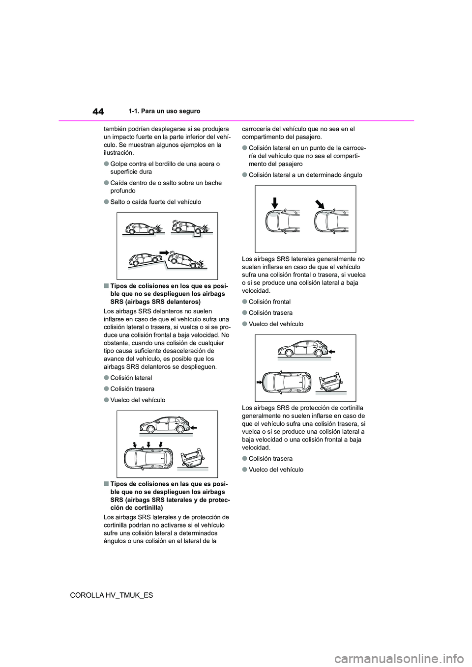 TOYOTA COROLLA HATCHBACK 2020 Manual del propietario (in Spanish) 441-1. Para un uso seguro
COROLLA HV_TMUK_ES
también podrían desplegarse si se produjera un impacto fuerte en la parte inferior del vehí-
culo. Se muestran algunos ejemplos en la
ilustración.
TOYOTA COROLLA HATCHBACK 2020 Manual del propietario (in Spanish) 441-1. Para un uso seguro
COROLLA HV_TMUK_ES
también podrían desplegarse si se produjera un impacto fuerte en la parte inferior del vehí-
culo. Se muestran algunos ejemplos en la
ilustración.