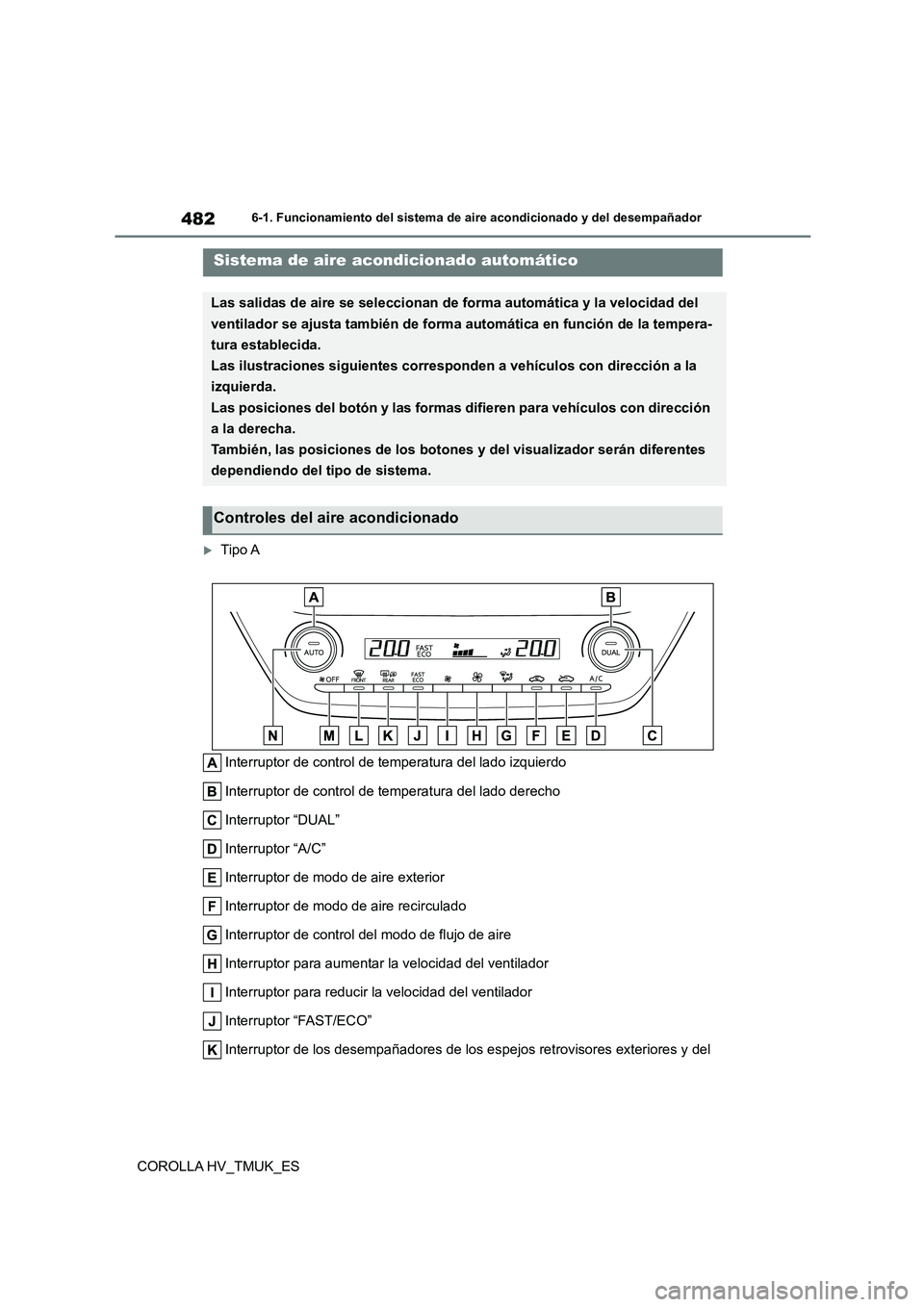 TOYOTA COROLLA HATCHBACK 2020 Manual del propietario (in Spanish) 4826-1. Funcionamiento del sistema de aire acondicionado y del desempañador
COROLLA HV_TMUK_ES
6-1.Funcionamiento del sistema de aire acondicionado y del desempañador
Tipo A
Interruptor de contr TOYOTA COROLLA HATCHBACK 2020 Manual del propietario (in Spanish) 4826-1. Funcionamiento del sistema de aire acondicionado y del desempañador
COROLLA HV_TMUK_ES
6-1.Funcionamiento del sistema de aire acondicionado y del desempañador
Tipo A
Interruptor de contr