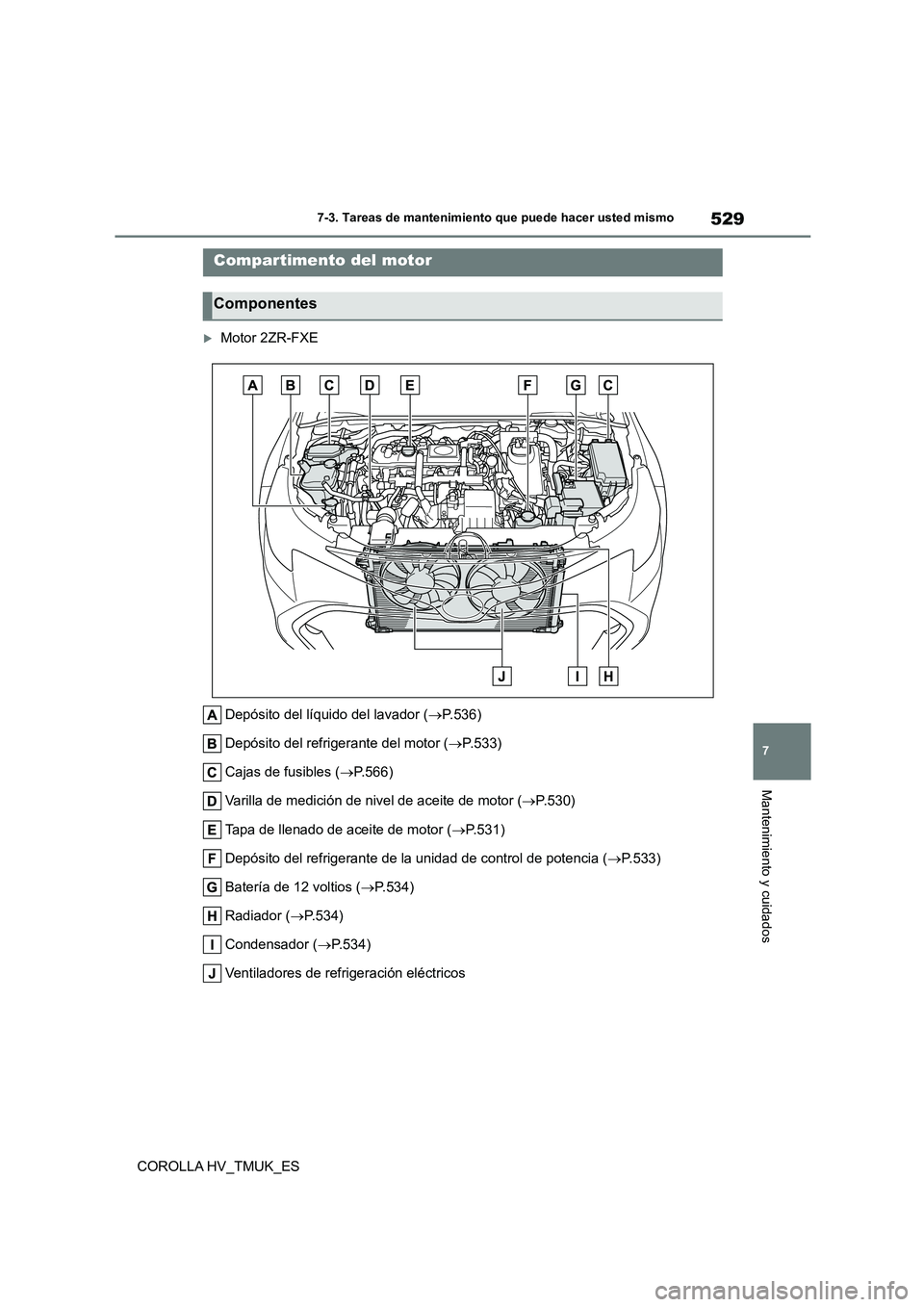 TOYOTA COROLLA HATCHBACK 2020  Manual del propietario (in Spanish) 529
7 
7-3. Tareas de mantenimiento que puede hacer usted mismo
Mantenimiento y cuidados
COROLLA HV_TMUK_ES
Motor 2ZR-FXE 
Depósito del líquido del lavador ( P.536) 
Depósito del refrigerante