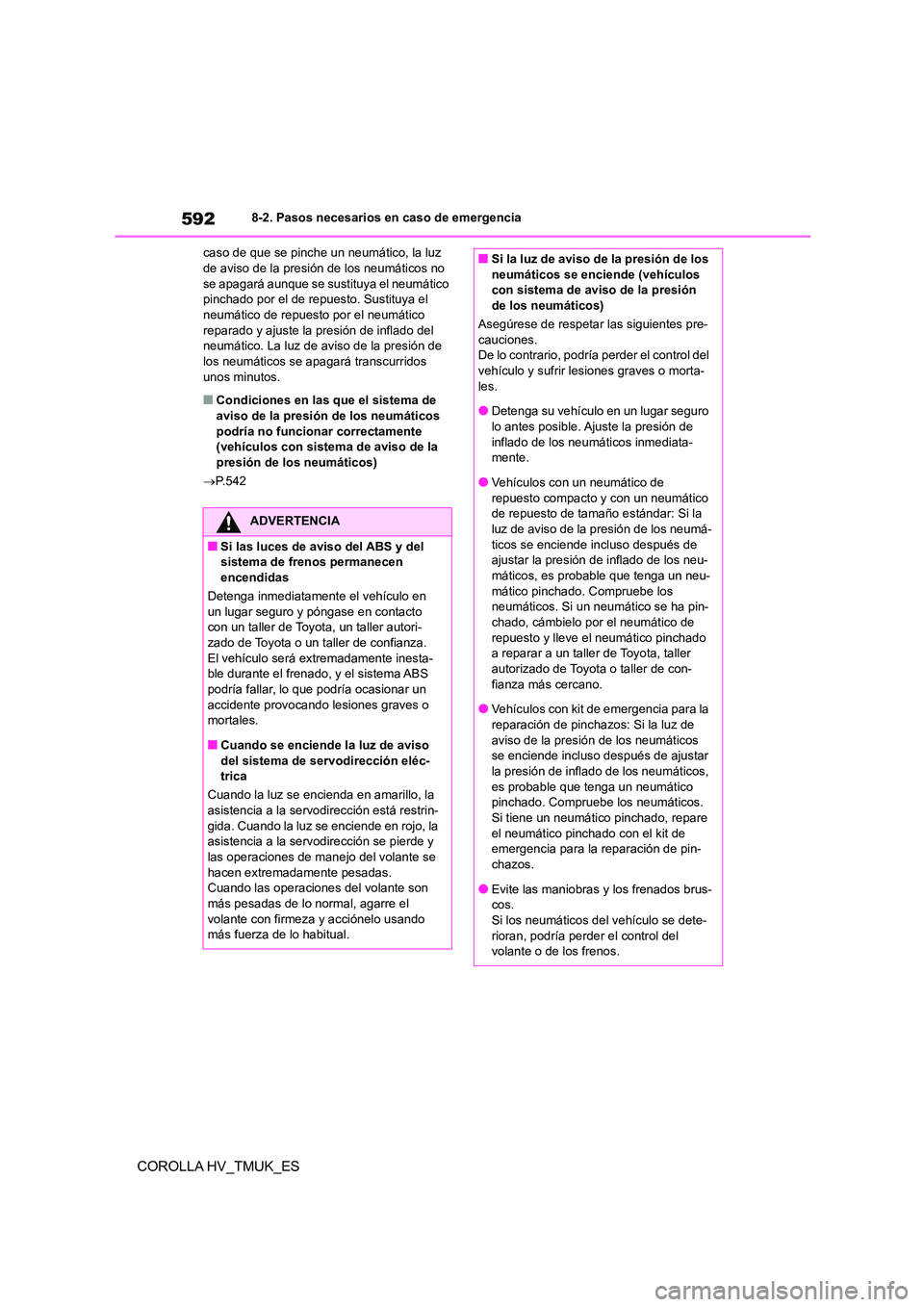 TOYOTA COROLLA HATCHBACK 2020 Manual del propietario (in Spanish) 5928-2. Pasos necesarios en caso de emergencia
COROLLA HV_TMUK_ES
caso de que se pinche un neumático, la luz de aviso de la presión de los neumáticos no
se apagará aunque se sustituya el neumá TOYOTA COROLLA HATCHBACK 2020 Manual del propietario (in Spanish) 5928-2. Pasos necesarios en caso de emergencia
COROLLA HV_TMUK_ES
caso de que se pinche un neumático, la luz de aviso de la presión de los neumáticos no
se apagará aunque se sustituya el neumá