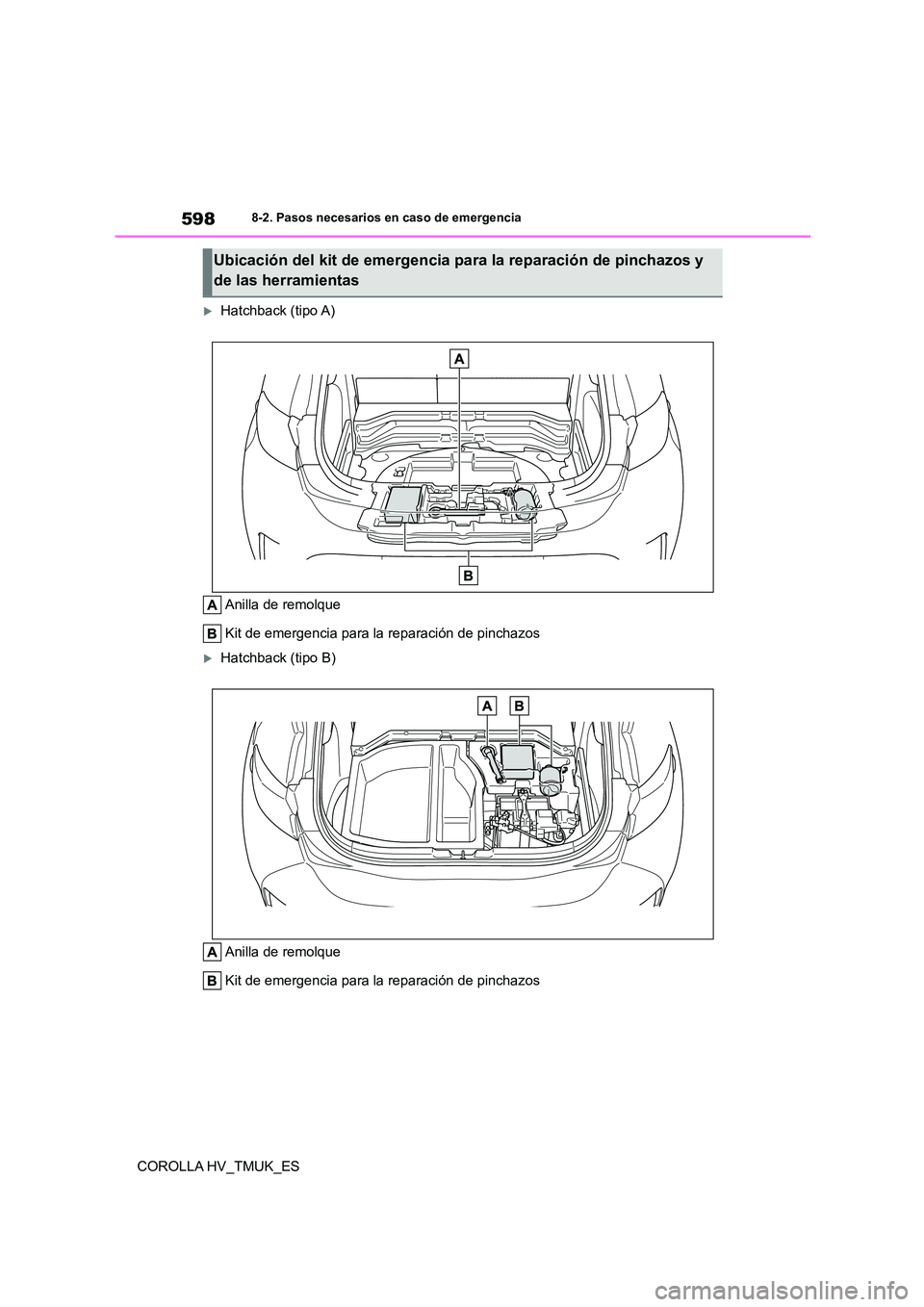 TOYOTA COROLLA HATCHBACK 2020  Manual del propietario (in Spanish) 5988-2. Pasos necesarios en caso de emergencia
COROLLA HV_TMUK_ES
Hatchback (tipo A) 
Anilla de remolque 
Kit de emergencia para la reparación de pinchazos
Hatchback (tipo B) 
Anilla de remolqu