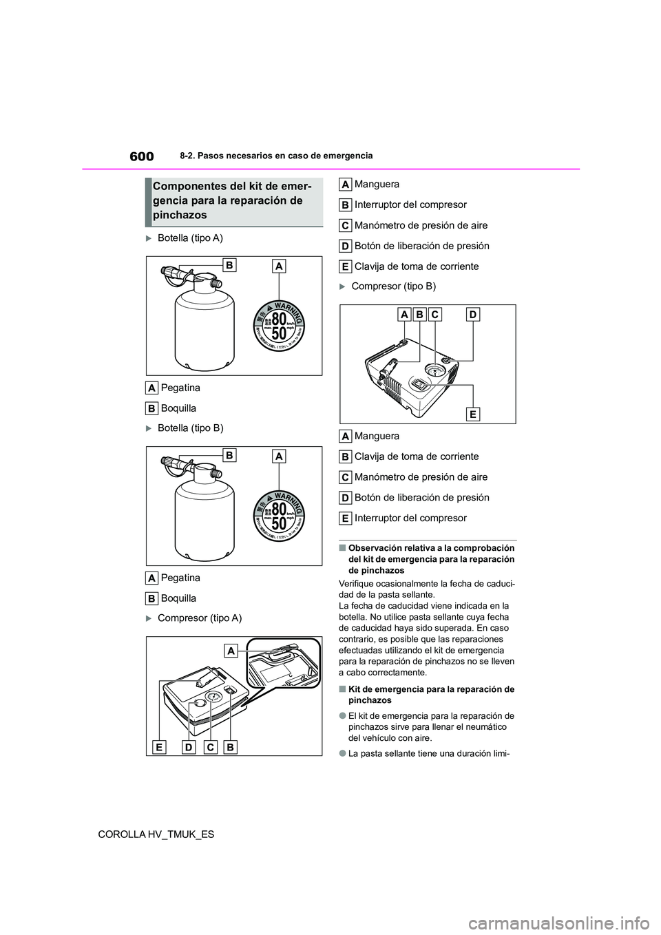 TOYOTA COROLLA HATCHBACK 2020 Manual del propietario (in Spanish) 6008-2. Pasos necesarios en caso de emergencia
COROLLA HV_TMUK_ES
Botella (tipo A)
Pegatina
Boquilla
Botella (tipo B)
Pegatina
Boquilla
Compresor (tipo A)
Manguera
Interruptor del compr TOYOTA COROLLA HATCHBACK 2020 Manual del propietario (in Spanish) 6008-2. Pasos necesarios en caso de emergencia
COROLLA HV_TMUK_ES
Botella (tipo A)
Pegatina
Boquilla
Botella (tipo B)
Pegatina
Boquilla
Compresor (tipo A)
Manguera
Interruptor del compr