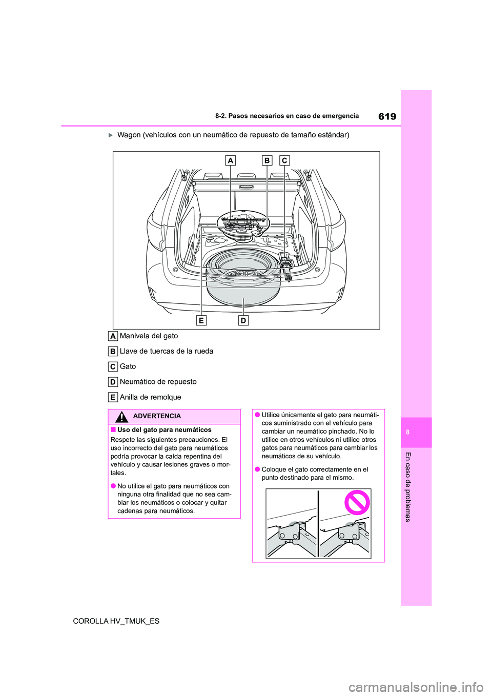 TOYOTA COROLLA HATCHBACK 2020  Manual del propietario (in Spanish) 619
8 
8-2. Pasos necesarios en caso de emergencia
En caso de problemas
COROLLA HV_TMUK_ES
Wagon (vehículos con un neumático de repuesto de tamaño estándar) 
Manivela del gato 
Llave de tuercas