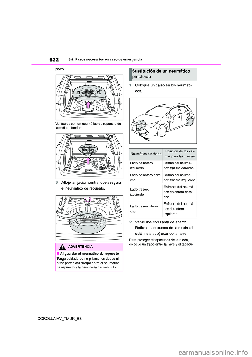 TOYOTA COROLLA HATCHBACK 2020  Manual del propietario (in Spanish) 6228-2. Pasos necesarios en caso de emergencia
COROLLA HV_TMUK_ES
pacto: 
Vehículos con un neumático de repuesto de  
tamaño estándar:
3 Afloje la fijación central que asegura  
el neumático de 