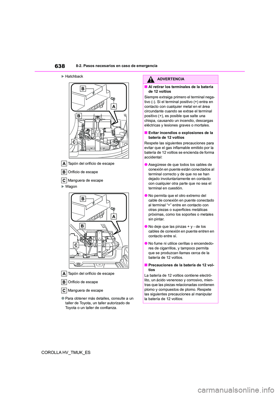 TOYOTA COROLLA HATCHBACK 2020 Manual del propietario (in Spanish) 6388-2. Pasos necesarios en caso de emergencia
COROLLA HV_TMUK_ES
Hatchback
Tapón del orificio de escape
Orificio de escape
Manguera de escape
Wagon
Tapón del orificio de escape
Orificio d TOYOTA COROLLA HATCHBACK 2020 Manual del propietario (in Spanish) 6388-2. Pasos necesarios en caso de emergencia
COROLLA HV_TMUK_ES
Hatchback
Tapón del orificio de escape
Orificio de escape
Manguera de escape
Wagon
Tapón del orificio de escape
Orificio d