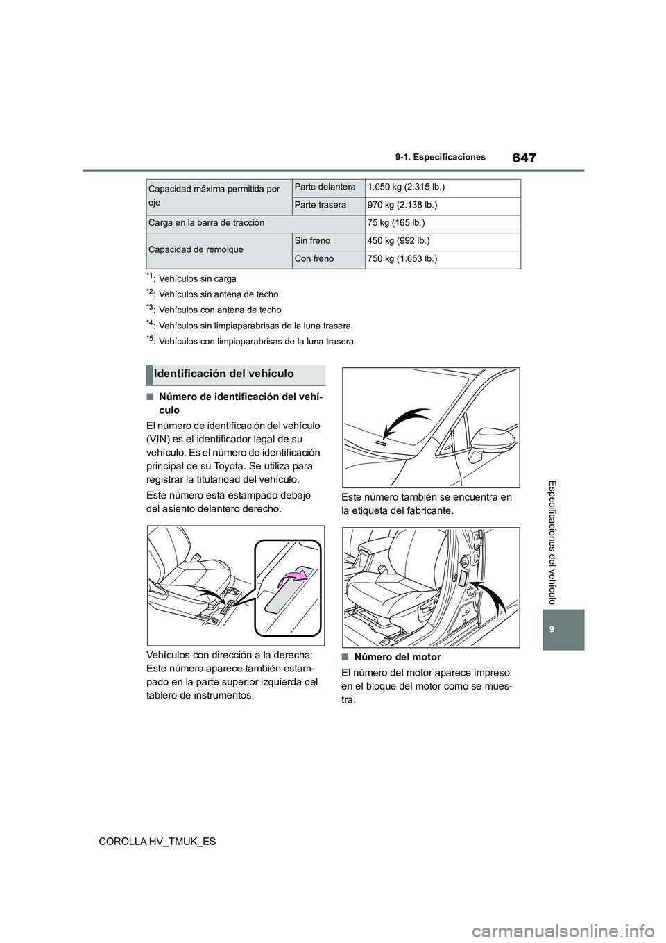 TOYOTA COROLLA HATCHBACK 2020 Manual del propietario (in Spanish) 647
9
9-1. Especificaciones
COROLLA HV_TMUK_ES
Especificaciones del vehículo
*1: Vehículos sin carga
*2: Vehículos sin antena de techo
*3: Vehículos con antena de techo
*4: Vehículos sin limpiap TOYOTA COROLLA HATCHBACK 2020 Manual del propietario (in Spanish) 647
9
9-1. Especificaciones
COROLLA HV_TMUK_ES
Especificaciones del vehículo
*1: Vehículos sin carga
*2: Vehículos sin antena de techo
*3: Vehículos con antena de techo
*4: Vehículos sin limpiap