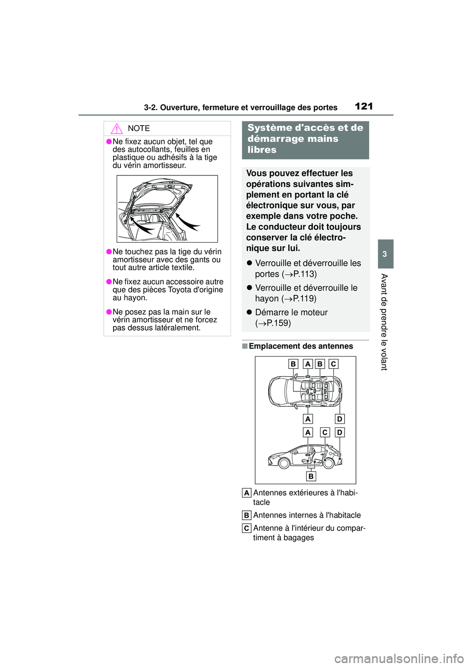 TOYOTA COROLLA HATCHBACK 2021  Manuel du propriétaire (in French) 1213-2. Ouverture, fermeture et verrouillage des portes
3
Avant de prendre le volant
COROLLA H/B_D
■Emplacement des antennesAntennes extérieures à lhabi-
tacle
Antennes internes à lhabitacle
An