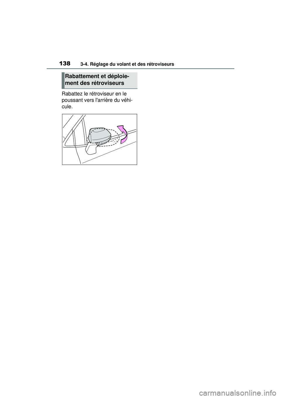 TOYOTA COROLLA HATCHBACK 2021  Manuel du propriétaire (in French) 1383-4. Réglage du volant et des rétroviseurs
COROLLA H/B_D
Rabattez le rétroviseur en le 
poussant vers larrière du véhi-
cule.
Rabattement et déploie-
ment des rétroviseurs 