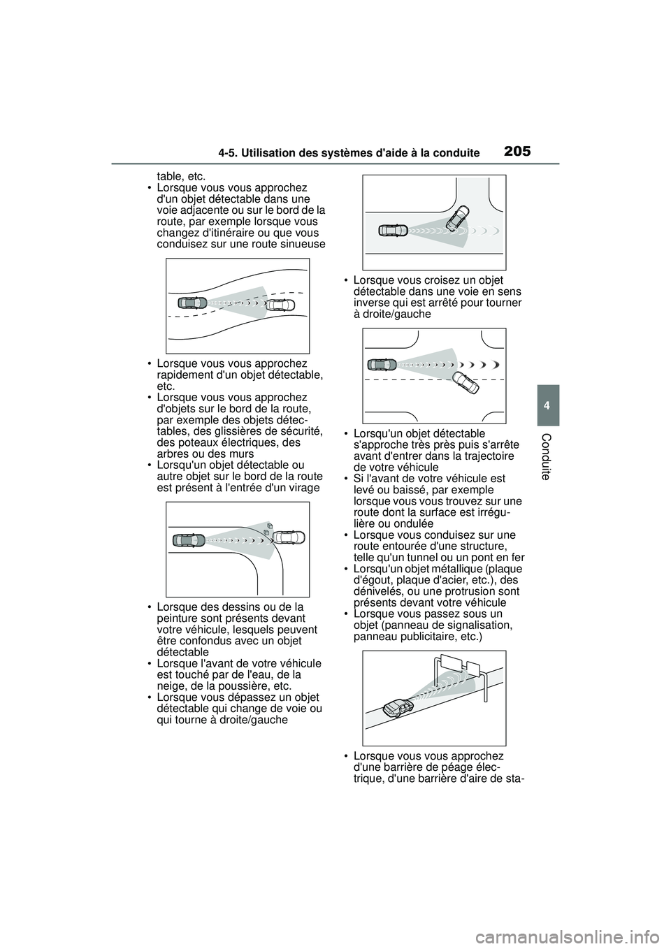 TOYOTA COROLLA HATCHBACK 2021  Manuel du propriétaire (in French) 2054-5. Utilisation des systèmes daide à la conduite
4
Conduite
COROLLA H/B_Dtable, etc.
• Lorsque vous vous approchez  dun objet détectable dans une 
voie adjacente ou su r le bord de la 
rout